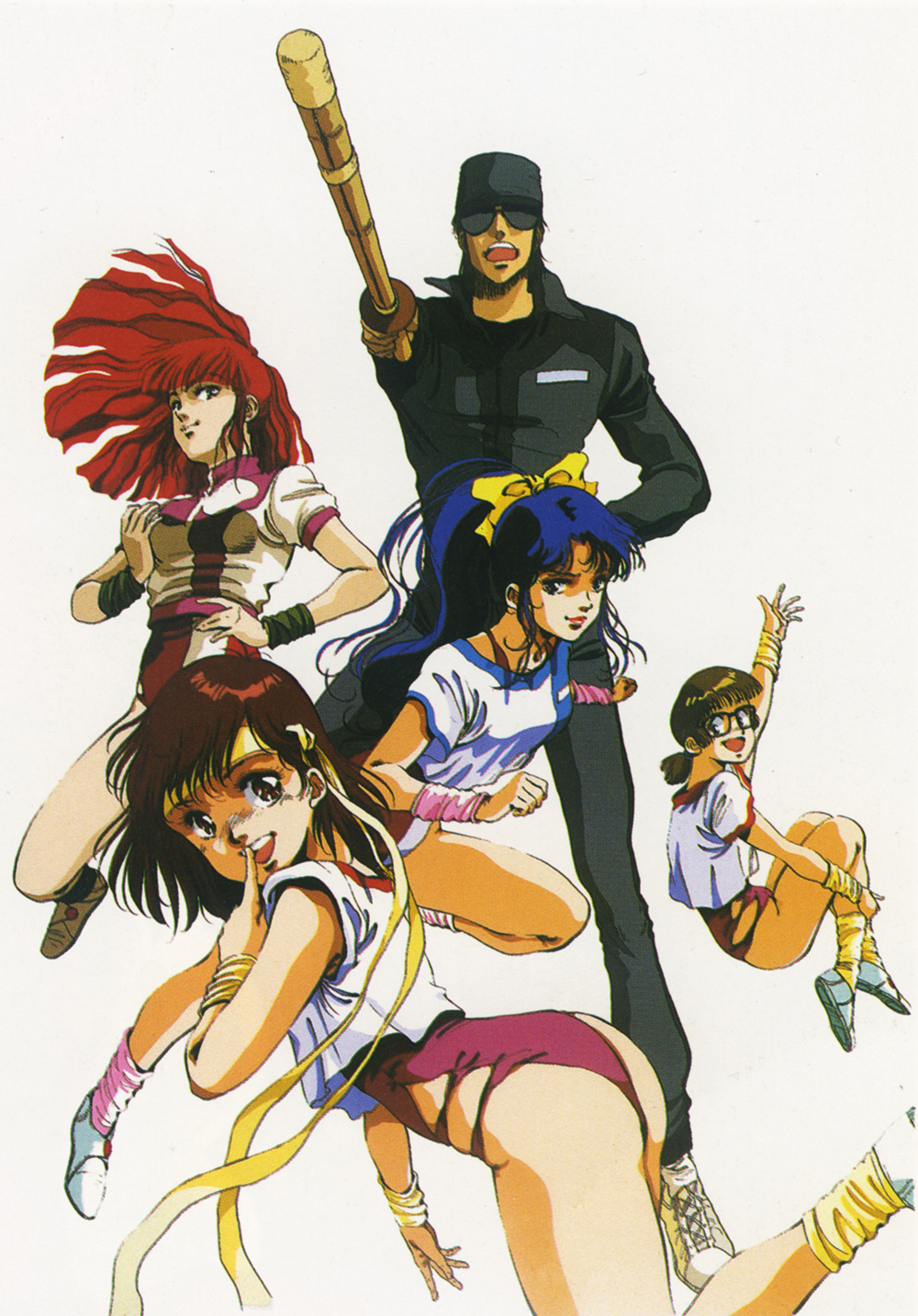 1980s_(style) 1boy 4girls amano_kazumi arm_up blue_hair brown_eyes brown_hair finger_to_mouth floating_hair headband highres higuchi_kimiko holding holding_weapon jung_freud leotard lipstick long_sleeves looking_at_viewer makeup md5_mismatch mikimoto_haruhiko multiple_girls official_art oldschool open_mouth ponytail red_hair retro_artstyle scan shinai shoes short_sleeves simple_background sneakers sword takaya_noriko tank_top top_wo_nerae! top_wo_nerae!_(series) waving weapon white_background