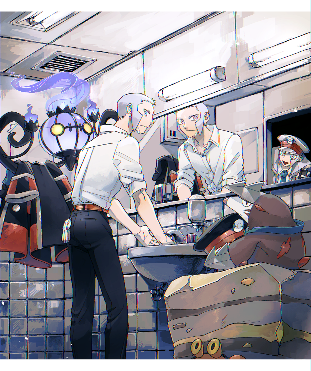 2boys :d akamtvahosi bathroom belt black_coat black_hat black_pants blue_necktie brothers buttons ceiling_light chandelure closed_mouth coat collarbone collared_cape collared_shirt commentary_request crustle emmet_(pokemon) excadrill faucet fire frown gen_5_pokemon grey_coat grey_eyes grey_hair grey_hat hat holding holding_coat holding_unworn_clothes holding_unworn_hat indoors ingo_(pokemon) letterboxed looking_at_another male_focus mirror multiple_boys necktie nintendo open_clothes open_coat open_mouth pants peeking_out pokemon pokemon_(creature) pokemon_bw purple_fire red_belt shirt shirt_tucked_in short_hair siblings sideburns sideways_glance sink sleeves_rolled_up smile soap_dispenser standing tile_wall tiles twins unworn_coat unworn_hat unworn_headwear vent_(object) washing_hands white_shirt wing_collar yellow_eyes