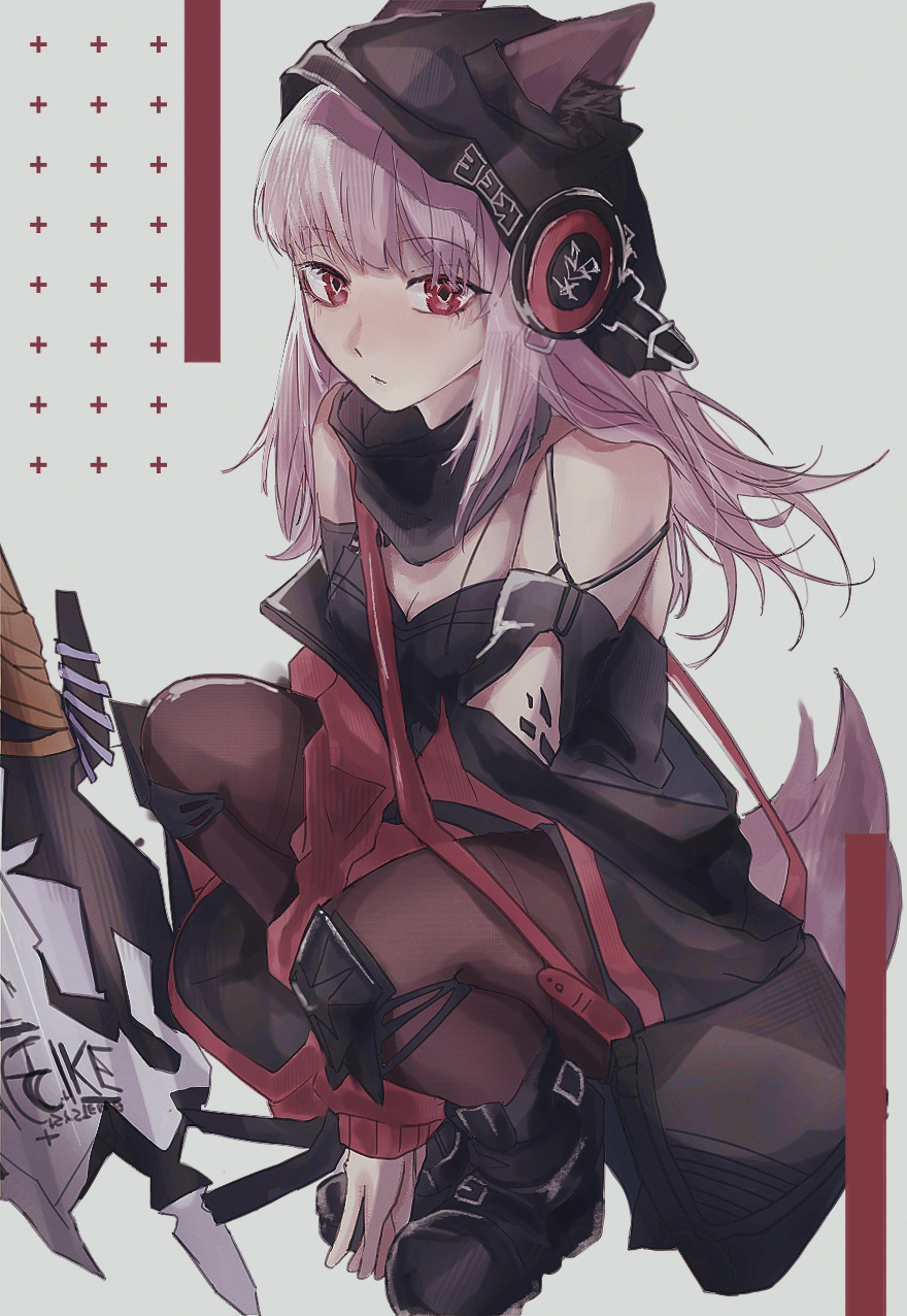 1girl animal_ear_fluff animal_ears arknights beanie behind-the-head_headphones black_pantyhose black_shirt blush breasts closed_mouth ears_through_headwear fox_ears fox_girl fox_tail frostleaf_(arknights) full_body hat headphones headphones_over_headwear highres implied_extra_ears jacket long_hair looking_at_viewer material_growth off_shoulder open_clothes open_jacket oripathy_lesion_(arknights) pantyhose pink_hair red_eyes red_jacket shirt sitting solo tail user_nksx3434 weapon