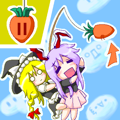 2girls :d =_= animal_ears arrow_(symbol) blonde_hair braid carrot carrying cloud crossover hat kirisame_marisa lowres mario_(series) multiple_girls myonde nintendo non-web_source o_o oekaki open_mouth parody piggyback power-up purple_hair rabbit_ears reisen_udongein_inaba skirt smile super_mario_bros._1 super_mario_land_2 super_marisa_world touhou |_|