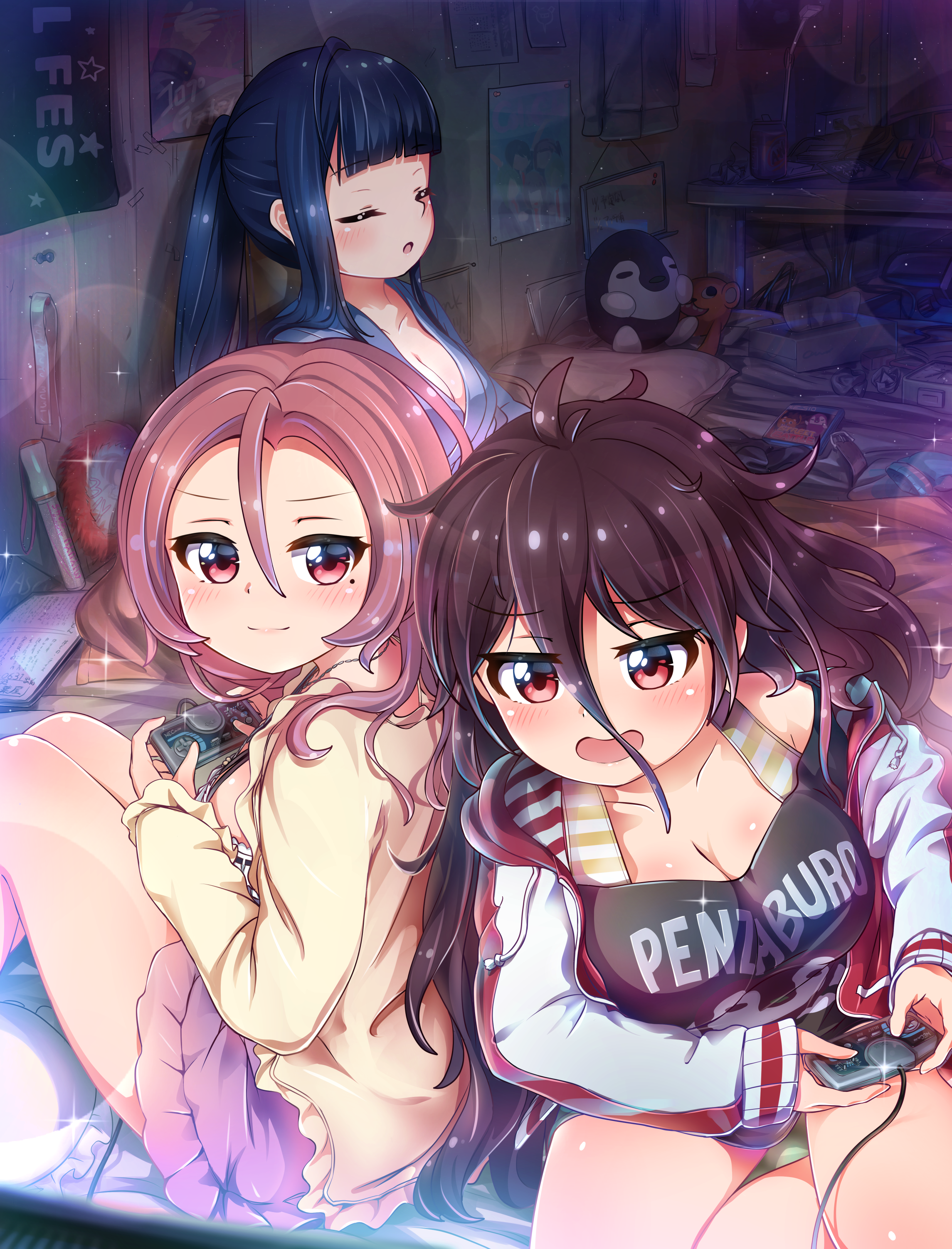 3girls a&w absurdres battle_girl_high_school blunt_bangs breasts cleavage hair_between_eyes highres indoors kusunoki_asuha light_particles messy_hair mole mole_under_eye multiple_girls pillow pink_hair ponytail poster_(object) serizawa_renge sitting sleeping sleeping_upright sparkle stuffed_animal stuffed_penguin stuffed_toy tamanegi_(12030028) tissue_box tsubuzaki_anko video_game