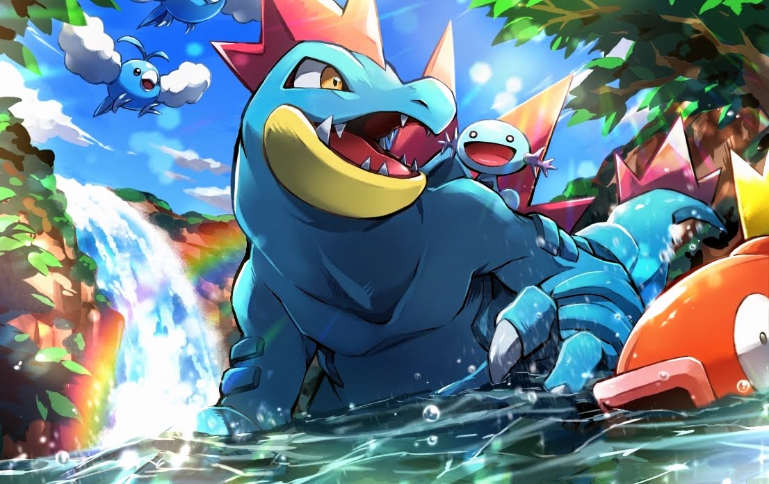 :d ayo_(ayosanri009) claws cloud commentary_request day feraligatr fish gen_1_pokemon gen_2_pokemon gen_3_pokemon magikarp nintendo no_humans open_mouth outdoors pokemon pokemon_(creature) riding riding_pokemon sky smile swablu teeth tongue water water_drop waterfall wooper yellow_eyes