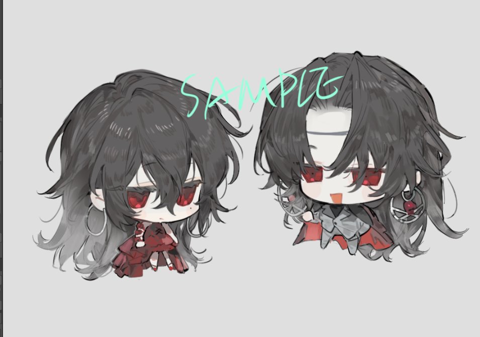 1boy 1girl :d coat coat_on_shoulders dress earrings formal_clothes full_body grey_background hair_between_eyes hand_in_pocket hoop_earrings jewelry long_hair looking_at_viewer open_mouth original parted_bangs qyzhiaiyisheng red_dress red_eyes sample_watermark smile suit watermark