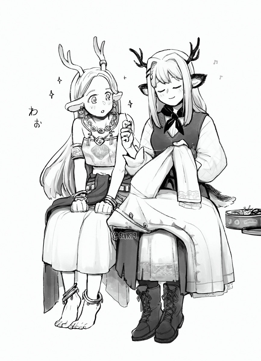 2girls :o a_deer_of_nine_colors alina_(arknights) animal_ear_piercing animal_ears anklet antler_ornament antler_ring antlers arknights bandeau barefoot beamed_eighth_notes blush boots bracelet closed_eyes coat cross-laced_footwear deer_antlers deer_ears deer_girl deer_tail dress eighth_note full_body greyscale hair_ornament hairclip highres holding holding_sewing_needle holding_unworn_clothes horns invisible_chair jewelry long_hair looking_at_another monochrome multiple_anklets multiple_bracelets multiple_girls musical_note neckerchief necklace nine-colored_deer pinafore_dress print_bandeau sewing sewing_kit silverxp simple_background sitting skirt sleeveless sleeveless_dress smile sparkle tail twitter_username unworn_coat very_long_hair watching white_background