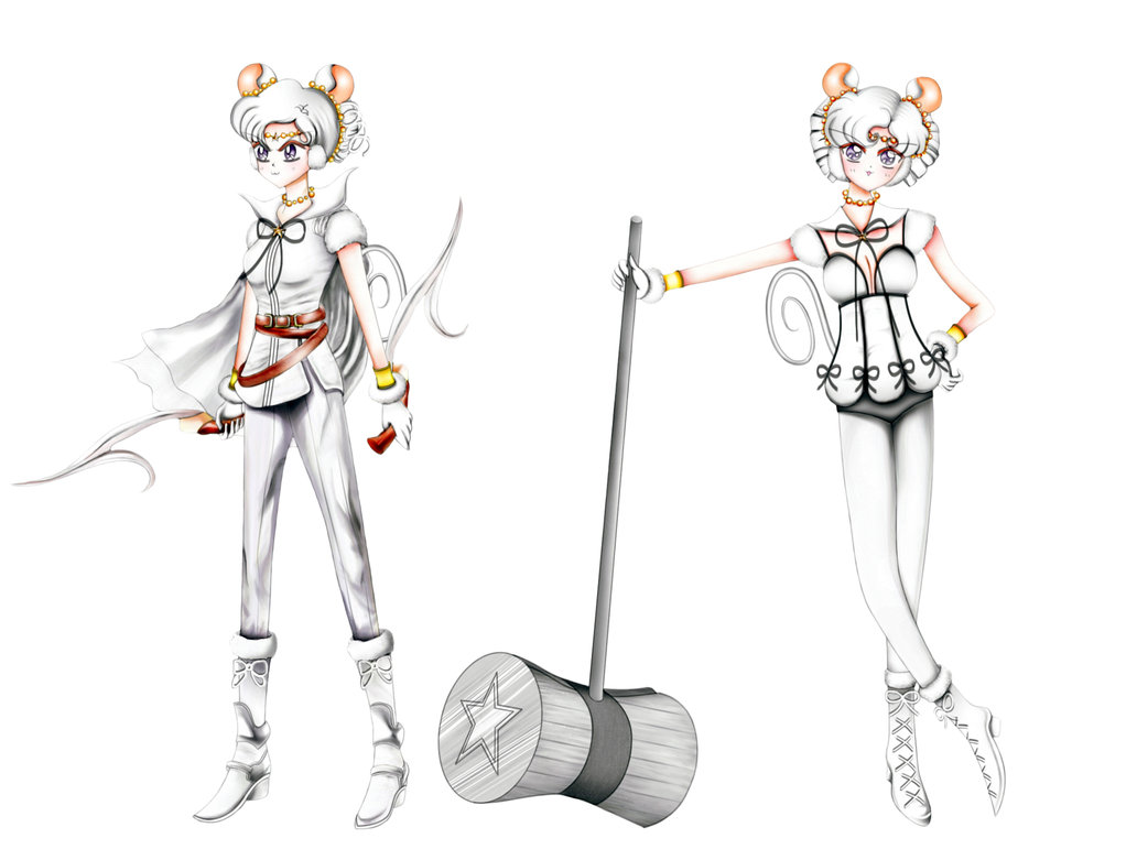 1990s_(style) alternate_costume animal_ears belt bishoujo_senshi_sailor_moon bishoujo_senshi_sailor_moon_sailor_stars boots bracelet breasts cape cleavage gloves grey_eyes hammer hand_on_own_hip jewelry leaning mouse_ears mouse_tail pants sailor_iron_mouse smile sword tail twintails weapon white_hair
