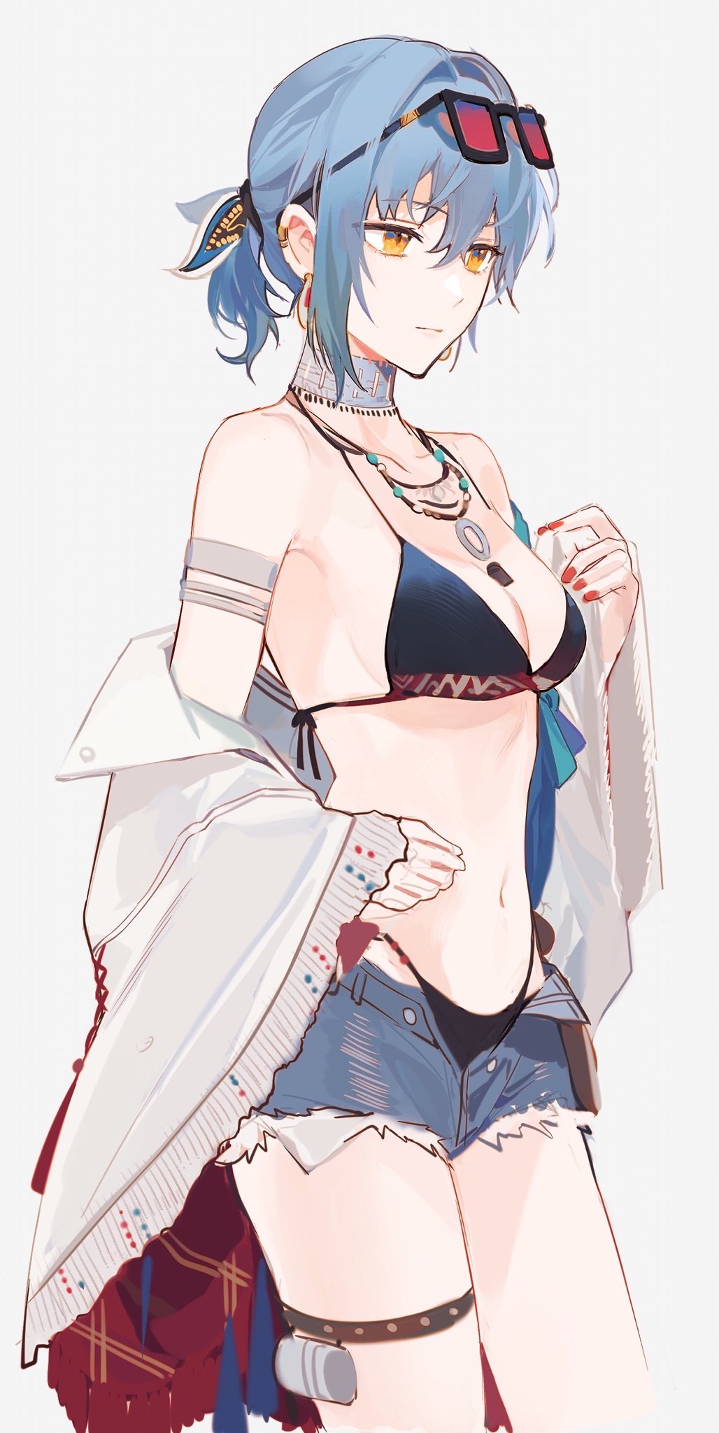 1girl arashiko_falcom bikini bikini_under_clothes black_bikini blue_choker blue_hair blue_shorts breasts choker cleavage closed_mouth commentary denim denim_shorts earrings expressionless eyewear_on_head feet_out_of_frame from_side genderswap genderswap_(mtf) grey_background hair_between_eyes hair_intakes highres jacket jewelry mahoutsukai_no_yakusoku medium_breasts nail_polish navel necklace nero_turner off_shoulder open_clothes open_fly open_jacket ponytail red-tinted_eyewear red_nails short_hair short_ponytail short_shorts shorts simple_background solo standing stomach string_bikini sunglasses swimsuit thigh_strap tinted_eyewear white_jacket yellow_eyes