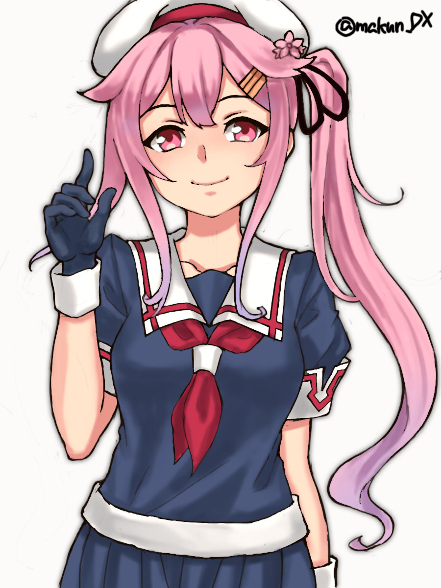 1girl beret black_gloves black_serafuku black_shirt black_skirt gloves gradient_hair hair_flaps hair_ornament hairclip harusame_(kancolle) harusame_kai_ni_(kancolle) hat highres kantai_collection long_hair looking_at_viewer maakun_(makun_dx) multicolored_hair neckerchief one-hour_drawing_challenge pink_hair pleated_skirt red_eyes red_neckerchief sailor_collar school_uniform serafuku shirt side_ponytail simple_background skirt solo twitter_username upper_body white_background white_hat white_sailor_collar