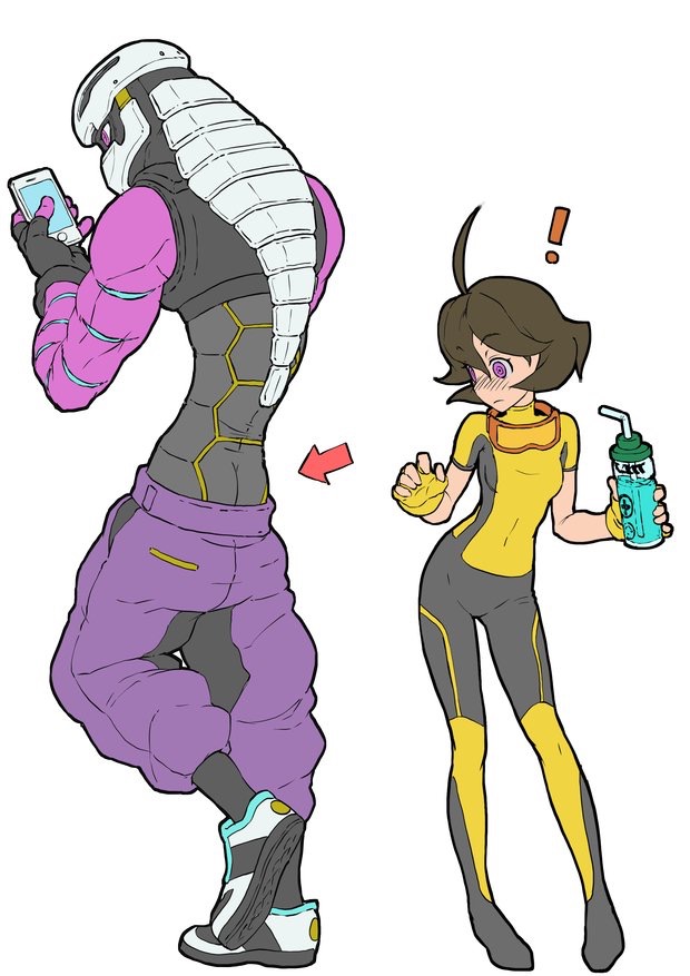 ! 1boy 1girl ahoge arms_(game) ass blush bodysuit bottle brown_hair butt_crack drinking_straw full_body goggles goggles_around_neck green_eyes helmet holding kid_cobra looking_at_another mask mechanica_(arms) nintendo purple_eyes short_hair sjw_kazuya standing water_bottle white_background