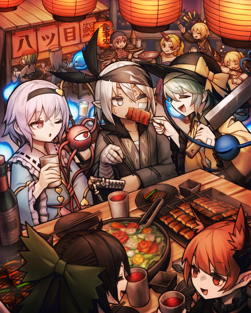 6+girls animal_ear_fluff animal_ears bandaged_arm bandages bird_ears bird_wings black_hairband black_hat blonde_hair blue_shirt bottle bow breasts brown_dress brown_kimono bucket buttons chopsticks cleavage closed_eyes collarbone commentary_request commission cup dress drinking_glass eating eyeball feeding flaming_skull floating_skull food_request food_stand frilled_shirt_collar frilled_sleeves frills green_bow green_hair grey_hair hair_bow hair_ornament hairband halo hat hat_bow heart heart_button heart_hair_ornament highres holding holding_cup holding_knife holding_skewer holding_sword holding_tray holding_weapon horns hoshiguma_yuugi in_bucket in_container japanese_clothes kaenbyou_rin kimono kisume knife komeiji_koishi komeiji_satori kurodani_yamame lacia_stalia lantern long_hair long_sleeves mizuhashi_parsee multiple_girls mystia_lorelei off_shoulder official_alternate_costume okamisty one_eye_closed oni open_mouth original paper_lantern pink_eyes pink_hair pixiv_commission plate pointy_ears red_eyes red_hair red_horns reiuji_utsuho ribbon-trimmed_collar ribbon_trim sakazuki shirt siblings single_horn sisters sitting skewer smile spark621 sweatdrop sword third_eye touhou translation_request tray weapon wide_sleeves wings wooden_bucket yellow_bow yellow_shirt zombie_fairy_(touhou)