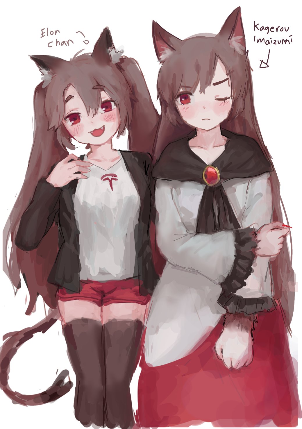 2girls black_dress black_jacket black_legwear blouse breasts brooch brown_hair cat_girl commentary dress elon_musk english_commentary frilled_sleeves frills hand_on_own_chest head_tilt highres himuhino imaizumi_kagerou jacket jewelry long_hair long_sleeves medium_breasts multicolored_dress multiple_girls one_eye_closed open_clothes open_jacket open_mouth original red_dress red_eyes red_shorts shirt short_shorts shorts simple_background t-shirt thighhighs touhou v-shaped_eyebrows very_long_hair werewolf white_background white_dress white_shirt wide_sleeves wolf_girl