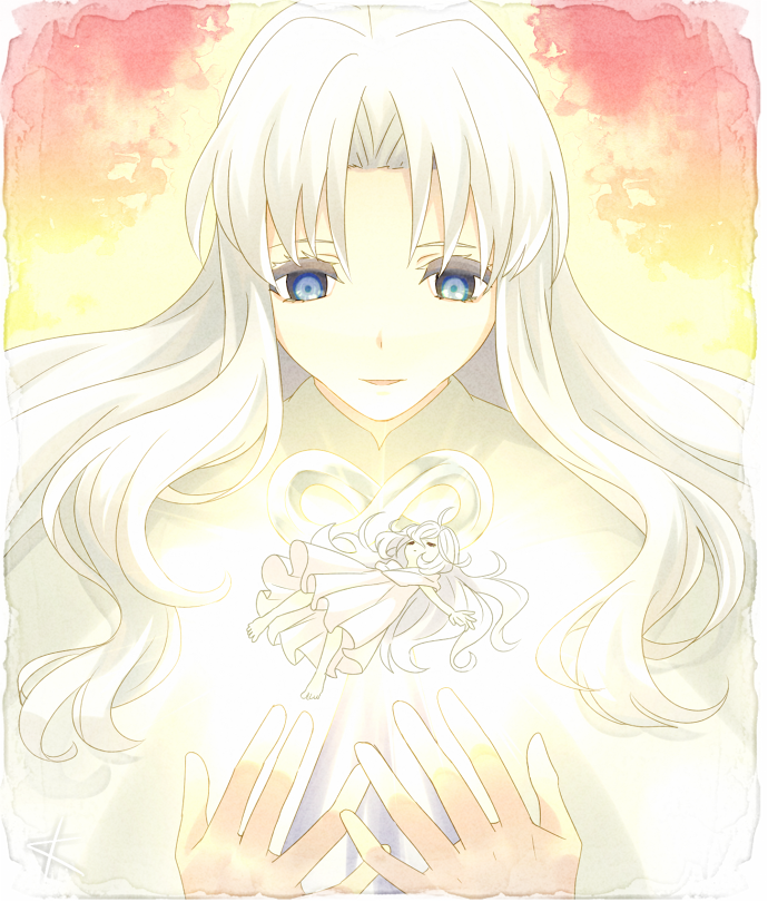.hack// .hack//games .hack//sign 2girls aura_(.hack//) blue_eyes commentary_request dress dual_persona full_body hands_up kanade_(unchi_knd280) light_smile long_hair looking_down multicolored_background multiple_girls outstretched_arms red_background short_sleeves spread_arms time_paradox upper_body white_dress white_hair yellow_background