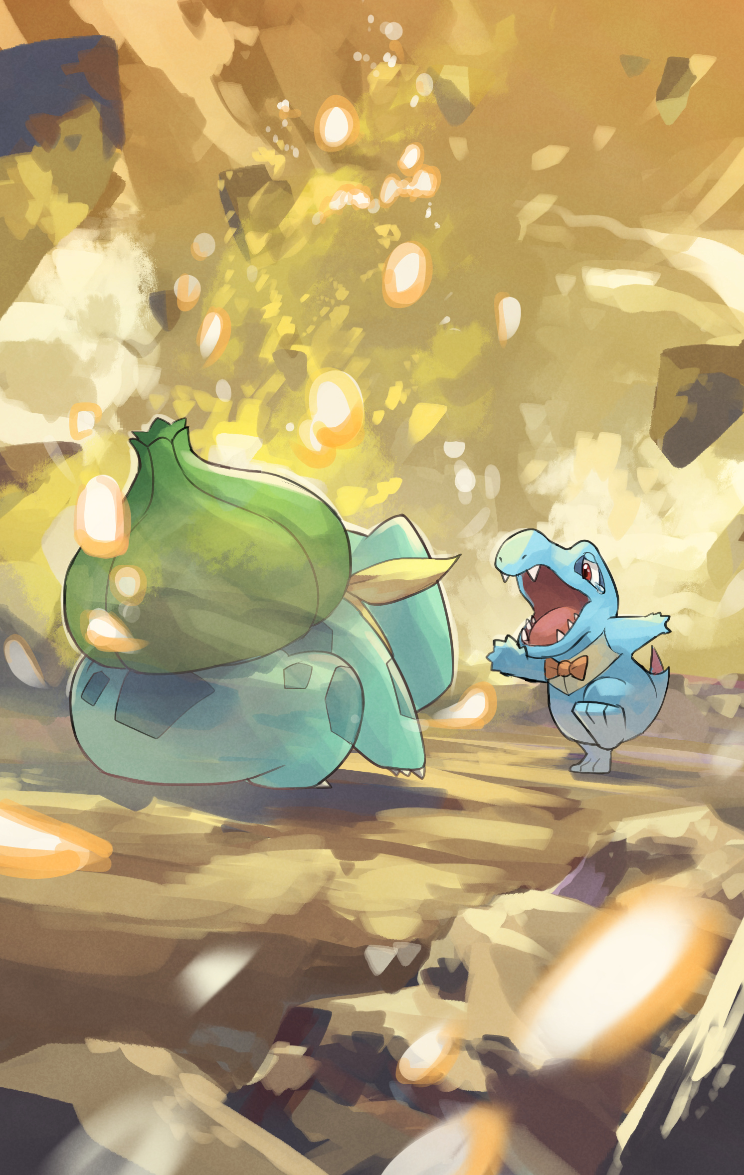 animal_focus blue_skin bow bowtie bulbasaur colored_skin commentary_request crocodilian gen_1_pokemon gen_2_pokemon highres light nintendo no_humans open_mouth orange_bow orange_bowtie pokemon pokemon_(creature) pokemon_mystery_dungeon pokemon_mystery_dungeon:_explorers_of_time/darkness/sky red_eyes sharp_teeth sky spoilers tail tearing_up teeth totodile yamaori_(hakkentai_pokedan) yellow_sky