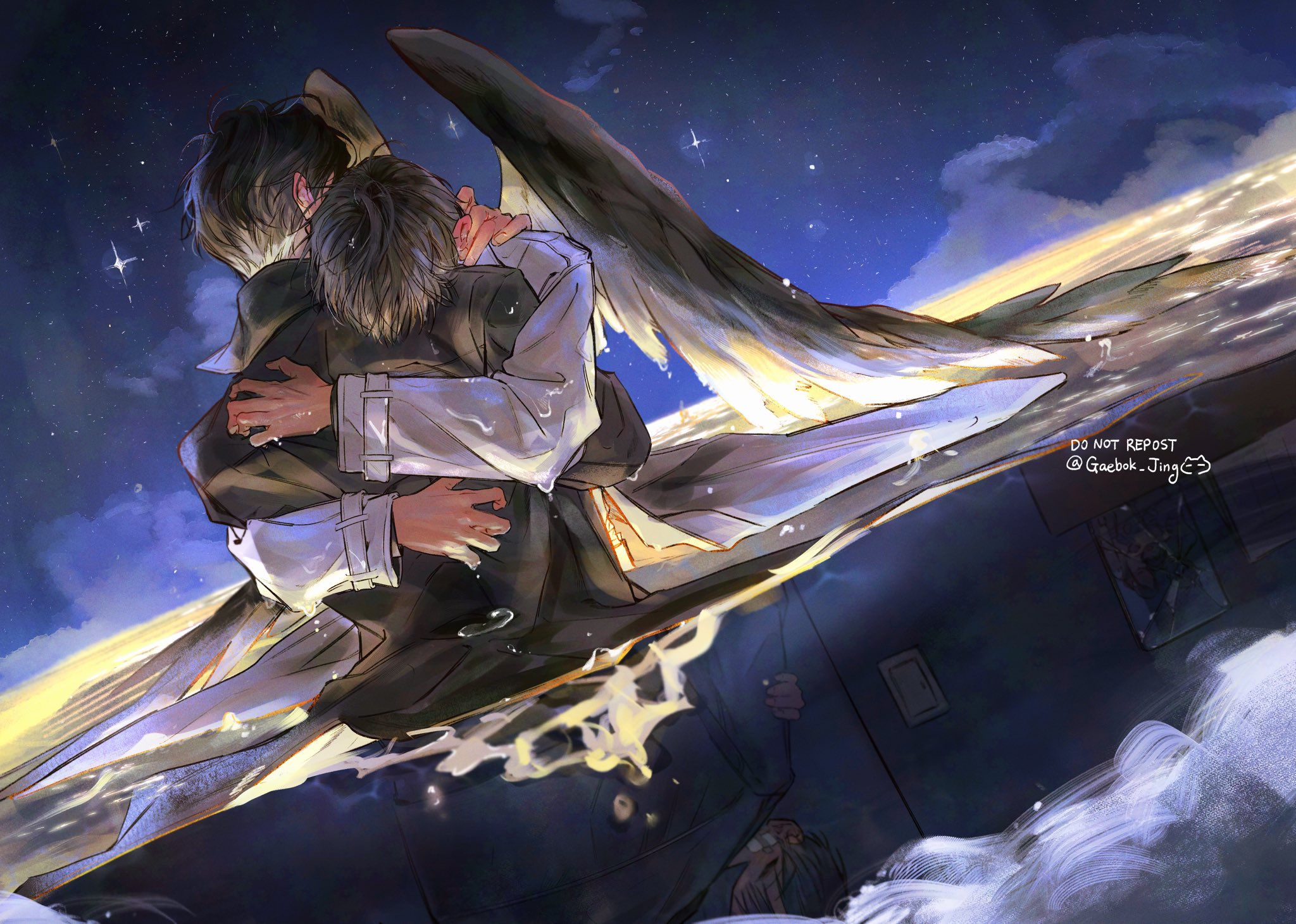 2boys age_comparison bandaid black_collar black_hair black_wings closed_eyes cloud coat collar dual_persona faceless feathered_wings gaebok_jing hair_over_eyes highres hug in_water kim_dokja male_focus multiple_boys multiple_views omniscient_reader's_viewpoint short_hair signature sky star_(sky) starry_sky wet white_coat wings yoo_joonghyuk