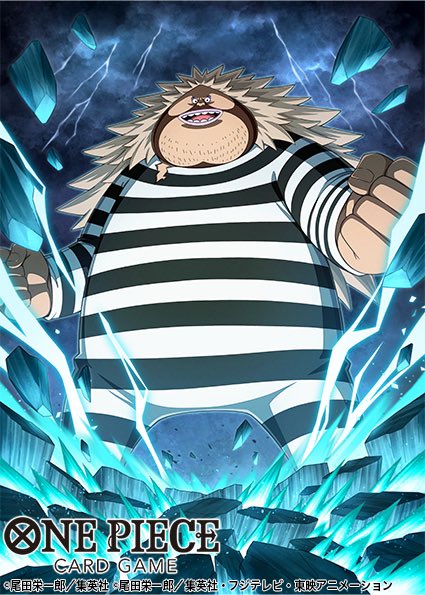 1boy beard blonde_hair broken_ground clenched_hands cloud cloudy_sky commentary_request copyright_name electricity facial_hair giant long_hair male_focus official_art one_piece one_piece_card_game open_mouth prison_clothes round_teeth sanjuan_wolf sky smile solo teeth thunder umiboozu_(uminoyoukai)