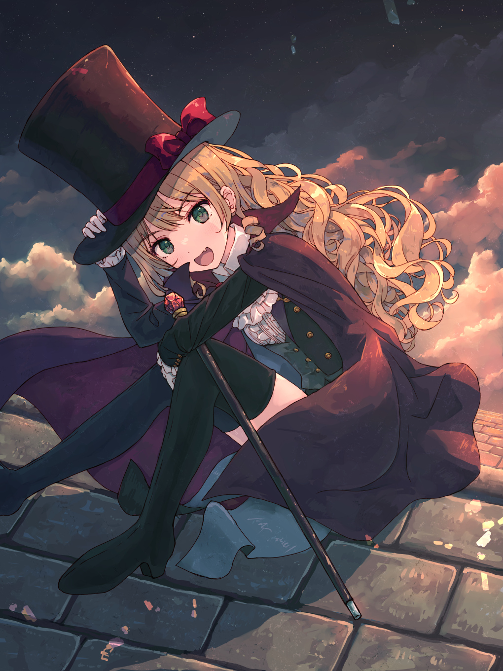 1girl black_boots black_cloak black_hat black_jacket black_thighhighs blonde_hair boots cane cloak cloud commission gem green_eyes grey_vest hand_on_own_hat hat highres jacket leaning_forward long_hair looking_at_viewer on_rooftop open_mouth original outdoors phantom_thief phantom_thief_(kkmomo67) red_cloak rooftop shirt sitting skeb_commission sky smile solo thigh_boots thighhighs thighs top_hat two-sided_cloak two-sided_fabric vest white_shirt yakka