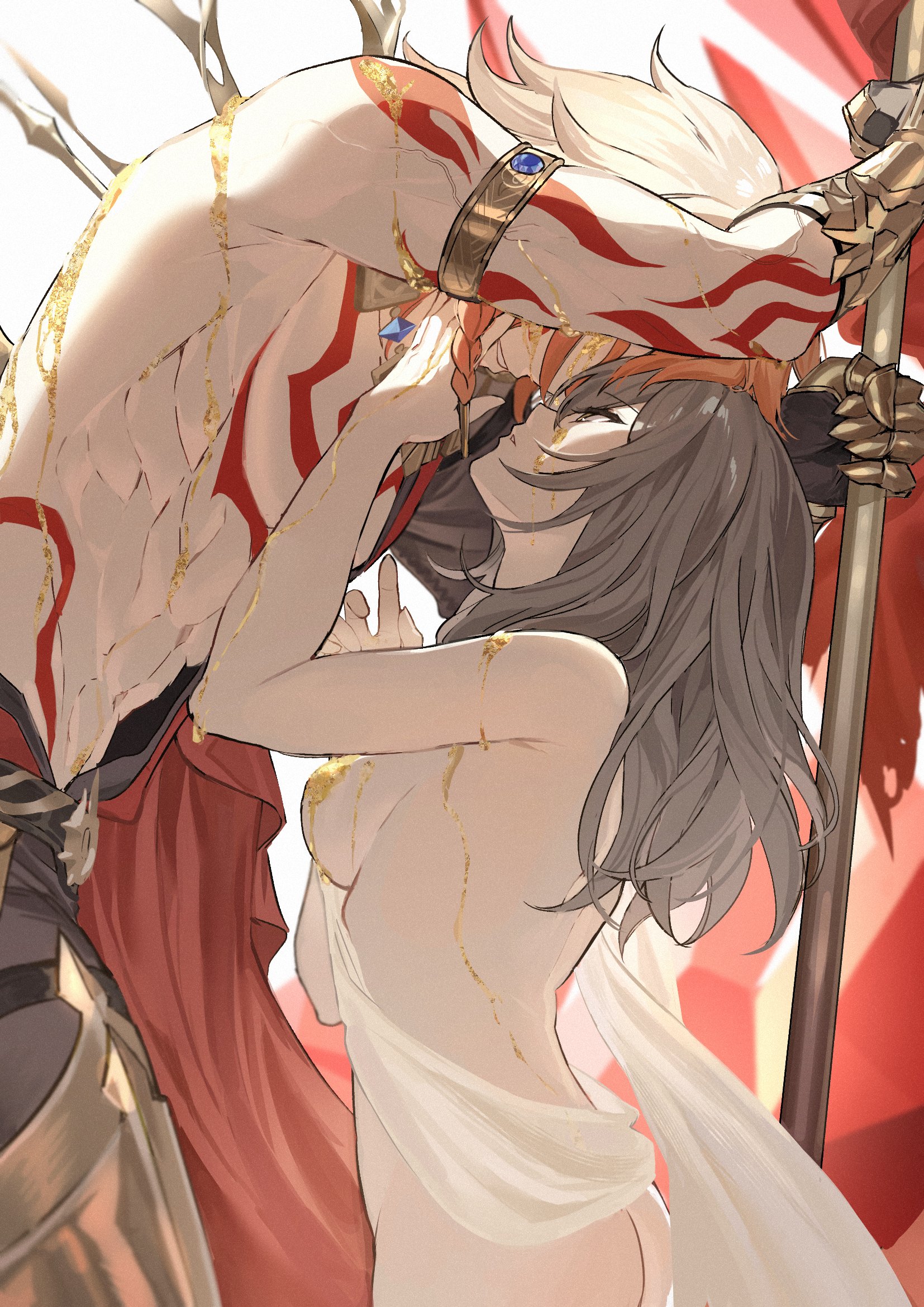 1boy 1girl abs arm_tattoo arm_up armlet ass black_pants bleeding blonde_hair blood blood_on_arm blood_on_breasts blood_on_chest blood_on_face blurry braid breasts cape chest_tattoo convenient_censoring covered_eyes cowboy_shot depth_of_field face-to-face from_side gauntlets gold_armlet gold_blood grey_hair hair_between_eyes hand_on_another's_cheek hand_on_another's_face hand_up hashtag-only_commentary hetero highres holding holding_weapon honkai:_star_rail honkai_(series) jewelry leg_armor long_hair looking_at_another meat7955 medium_breasts medium_hair muscular muscular_male mydei_(honkai:_star_rail) necklace nude pants parted_lips profile red_cape red_tattoo shawl side_braid side_cape sideboob stelle_(honkai:_star_rail) tattoo topless_male trailblazer_(honkai:_star_rail) veins veiny_arms weapon white_background white_shawl yellow_eyes