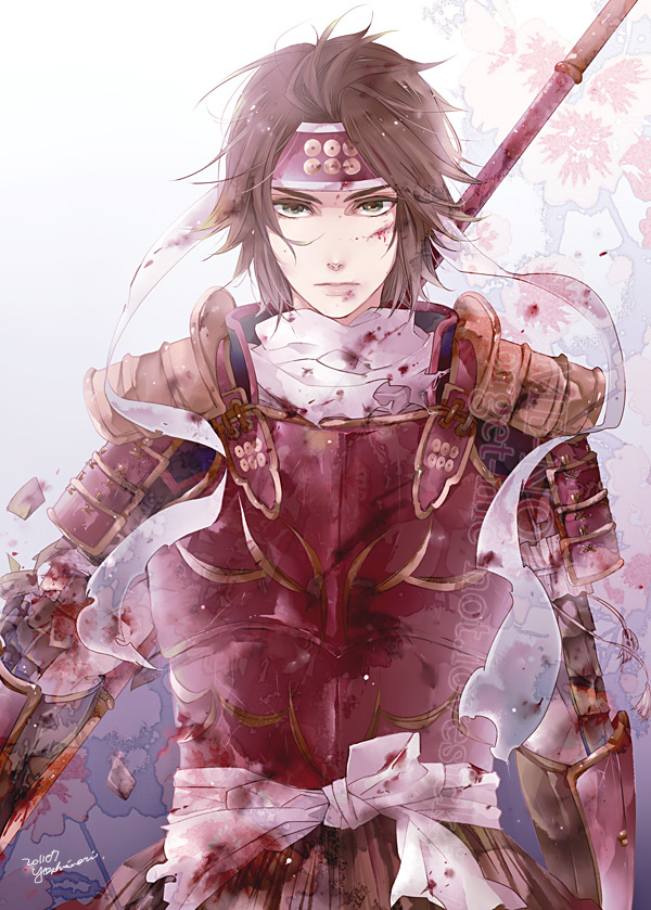 blood blood_on_clothes blood_on_face brown_hair headband male_focus polearm sanada_yukimura_(sengoku_musou) sengoku_musou spear weapon yoshinori_(pixiv358764)