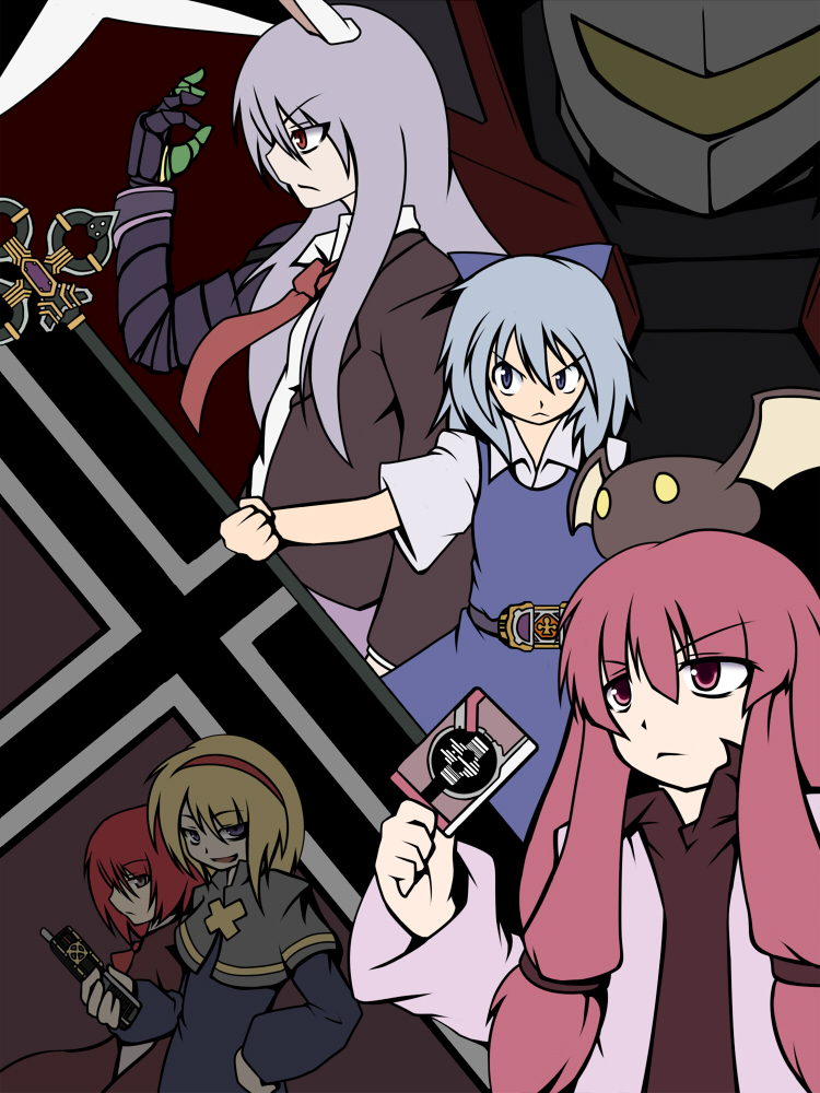 5girls alice_margatroid animal_ears belt blonde_hair blue_dress blue_hair buckle rabbit_ears cirno dress expressionless from_side hand_on_own_hip jacket kamen_rider kamen_rider_555 kamen_rider_blade_(series) kamen_rider_dcd kamen_rider_decade kamen_rider_joker kamen_rider_kaixa kamen_rider_leangle kamen_rider_w long_hair multiple_girls naginami okazaki_yumemi open_clothes open_jacket outstretched_arms patchouli_knowledge purple_hair red_eyes reisen_udongein_inaba serious short_hair short_sleeves smile touhou touhou_(pc-98)