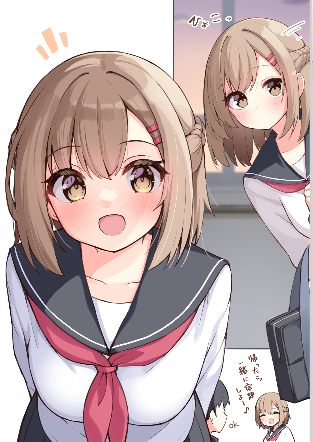 1boy 1girl :d ^_^ bag black_jacket black_sailor_collar black_skirt blush braid breasts brown_eyes brown_hair childhood_friend_(ominaeshi) closed_eyes closed_mouth cloud commentary_request gakuran hair_ornament hairclip highres jacket medium_breasts motion_lines neckerchief notice_lines ominaeshi_(takenoko) open_mouth original peeking_out pleated_skirt red_neckerchief sailor_collar school_bag school_uniform serafuku shirt skirt sky smile speed_lines sunset translation_request white_shirt window