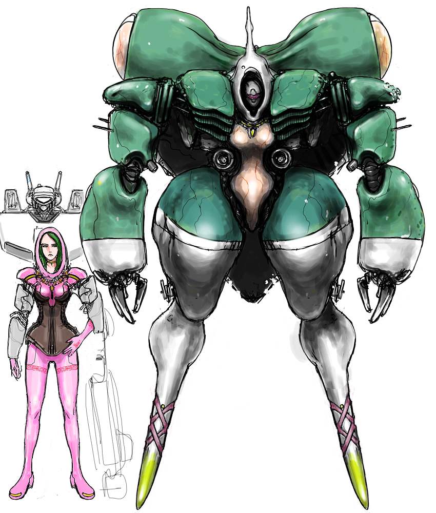 1girl alien armor choujikuu_yousai_macross comparison corset dress giant giantess green_hair head helmet izo_(bjc000510) jenius_milia long_hair macross mecha meltrandi pilot pilot_suit power_armor realistic redesign robot science_fiction serious spacesuit vf-1 vf-1j zentradi