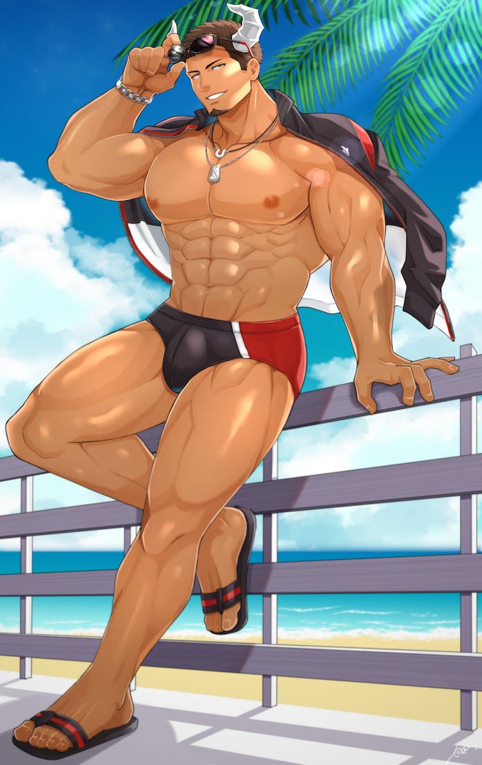 abs adjusting_eyewear atlas_vos bad_source bara beach black_male_swimwear black_swim_briefs bracelet brown_eyes brown_hair bulge collarbone commission cow_horns dark-skinned_male dark_skin facial_hair fence goatee grin harada_(basashi) horns indie_virtual_youtuber jacket jacket_on_shoulders jewelry large_pectorals looking_at_viewer male_focus male_swimwear multicolored_male_swimwear multicolored_swim_briefs multicolored_swimsuit muscular muscular_male necklace nipples outdoors palm_leaf parted_lips pectorals red_male_swimwear red_swim_briefs sandals short_hair skeb_commission smile sunglasses swim_briefs swimsuit track_jacket virtual_youtuber wooden_fence
