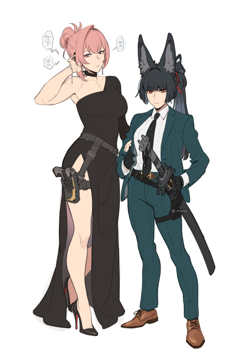 2girls animal_ears breasts dress earrings gun height_difference highres holster hoshimi_miyabi jacket jewelry large_breasts long_hair maiqo medium_breasts multiple_girls single-shoulder_dress sword thigh_holster tsukishiro_yanagi weapon zenless_zone_zero