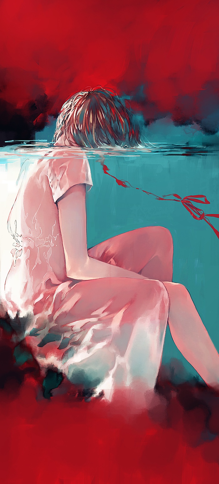 1girl blood_in_water color_contrast commentary_request dissolving dress dying feet_out_of_frame from_side futami_jun hair_over_face highres original partially_underwater_shot red_ribbon refraction ribbon short_hair short_sleeves solo water white_dress