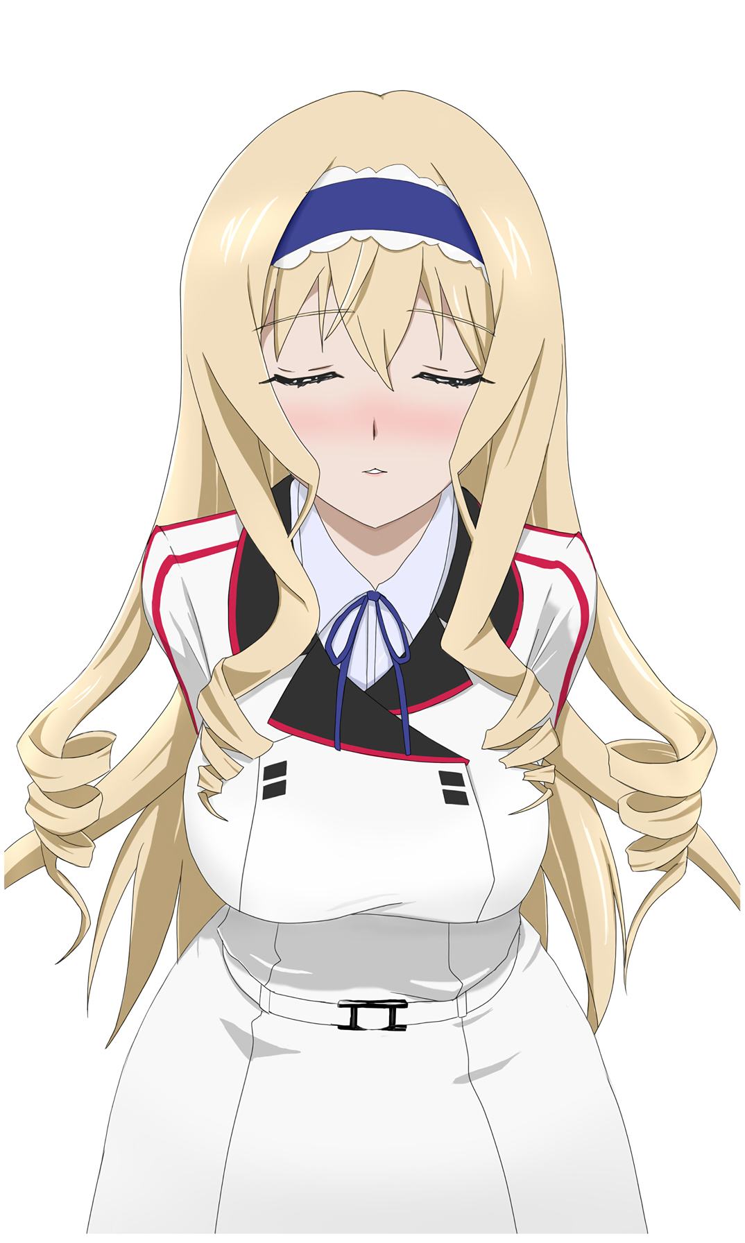 1girl arms_behind_back blonde_hair blush breasts cecilia_alcott closed_eyes drill_hair headband highres incoming_kiss infinite_stratos large_breasts legs long_hair parted_lips pink_lips school_uniform solo super_freedam thighs very_long_hair