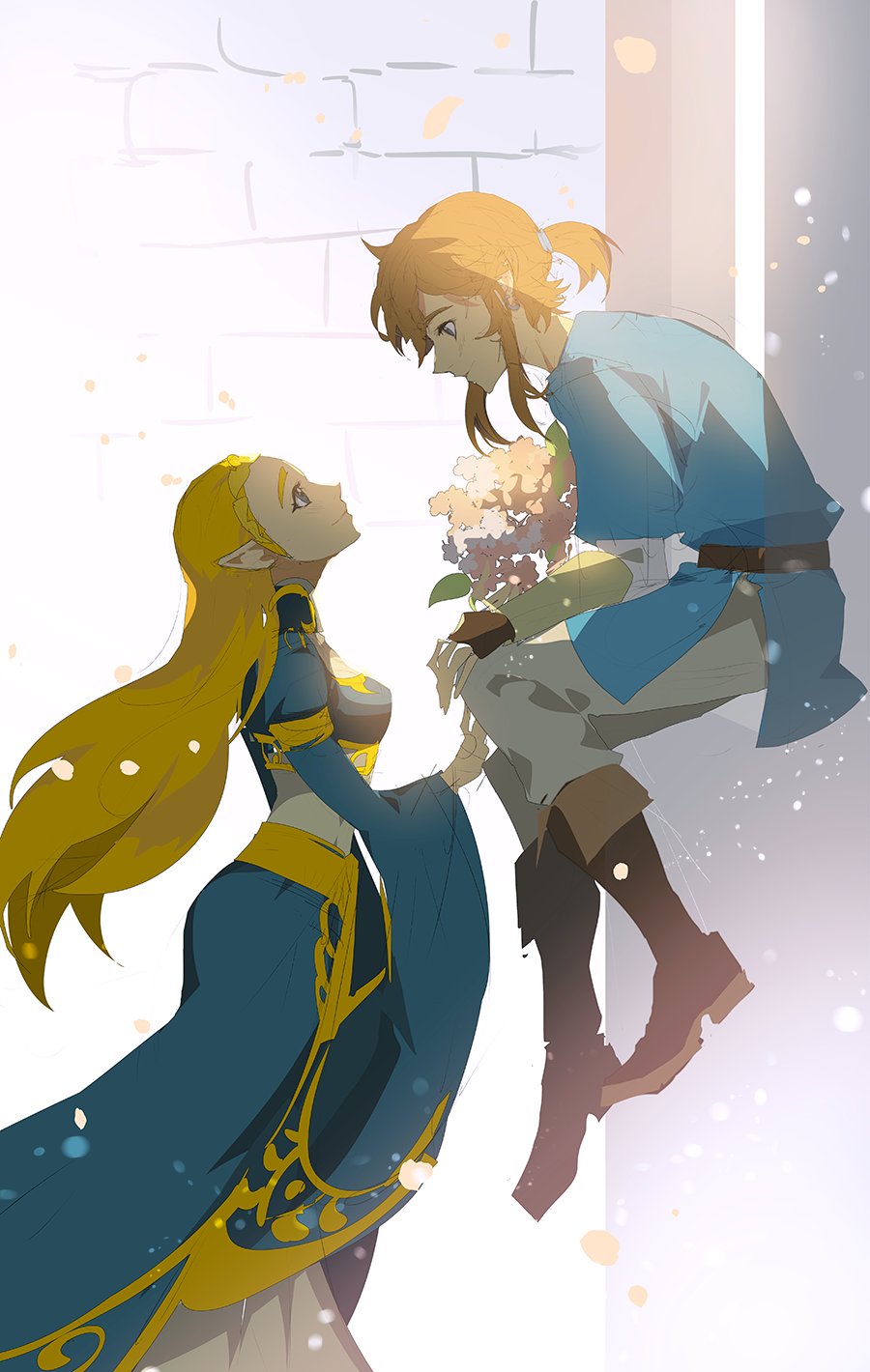 1boy 1girl belt blonde_hair blue_eyes boots braid breasts brown_footwear cowboy_shot dress earrings floating flower full_body highres jewelry link long_hair looking_at_another medium_breasts muse_(rainforest) nintendo pants petals pointy_ears ponytail princess_zelda shirt short_hair short_ponytail sidelocks sketch smile standing the_legend_of_zelda the_legend_of_zelda:_breath_of_the_wild wide_sleeves