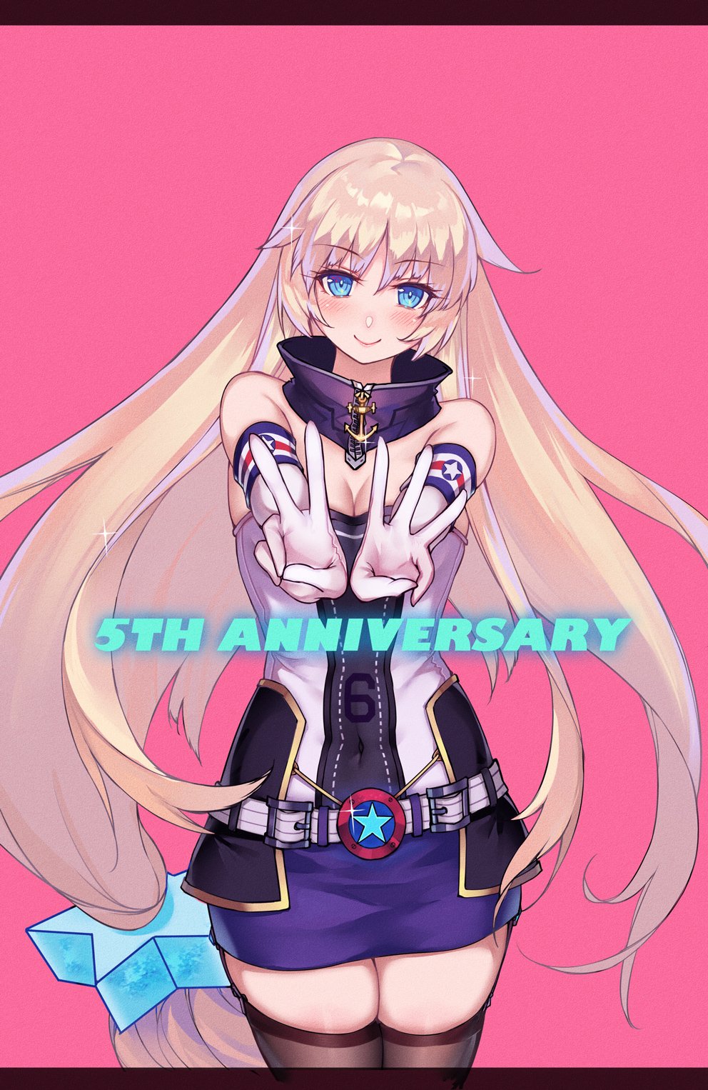 1girl bare_shoulders belt blonde_hair blue_eyes blush breasts cleavage double_v elbow_gloves english_text enterprise_(warship_girls_r) g.h_(gogetsu) gloves highres long_hair looking_at_viewer low-tied_long_hair skirt smile solo thighhighs v very_long_hair warship_girls_r white_gloves zipper