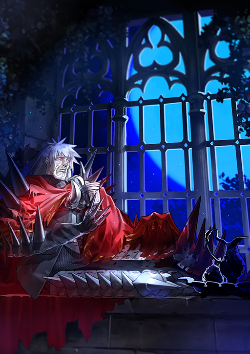 1boy armor beard blood_on_armor blue_sky breastplate cape chainmail chalice closed_mouth cup facial_hair fate/grand_order fate_(series) feet_out_of_frame gauntlets glowing glowing_eyes holding holding_cup knee_spikes long_hair looking_up male_focus mustache night night_sky official_art plant red_cape shoulder_spikes sitting sky smile solo spiked_armor spiked_gauntlets spikes third-party_source torn_cape torn_clothes vines vlad_iii_(fate/extra) wada_arco white_facial_hair white_hair window