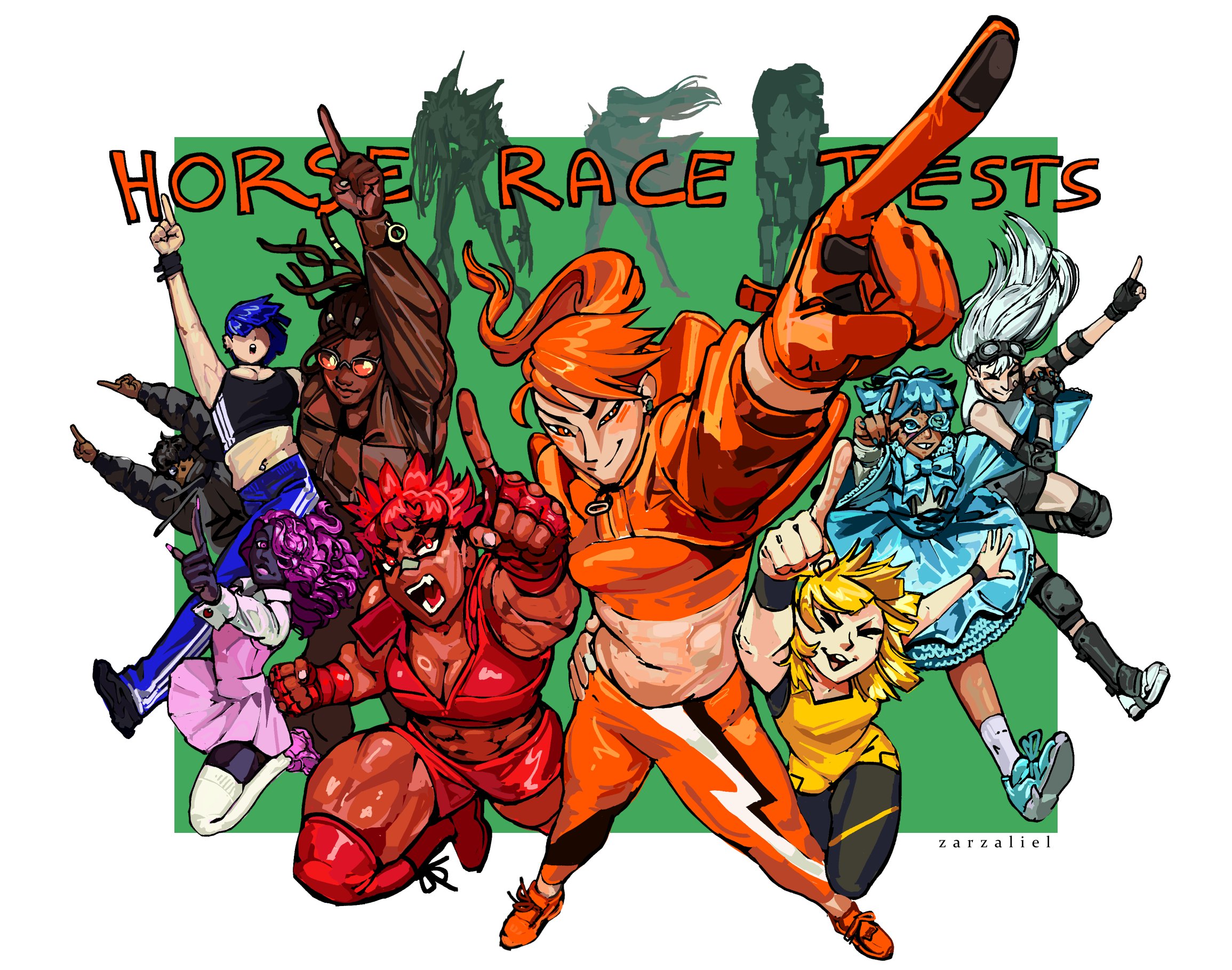 6+girls a_mysterious_figure black_hair blonde_hair blue_dress blue_eyes blue_hair bow breasts brown_hair brown_jacket bullet'n_board cleavage comely_material_morning_(horse_race_tests) crop_top cyan_(horse_race_tests) dark_skin door_knob_(horse_race_tests) downtown_skybox dreadlocks dress elbow_pads fingerless_gloves foreshortening garbage_bin_(horse_race_tests) glasses gloves green_background hair_over_eyes highres horse_race_tests jacket jovial_merryment knee_pads knighttime_knifemare lightning_strikes_thrice long_hair monster multiple_girls muscular muscular_female orange-tinted_eyewear orange_gloves orange_hair outside_border pants pink_hair pink_skirt pointing pointing_up red_hair resolute_mind_afternoon running shorts simple_background single_glove skirt smile sunglasses superstitional_realism sweater tinted_eyewear track_pants white_hair wristband yellow_(horse_race_tests) zarzaliel