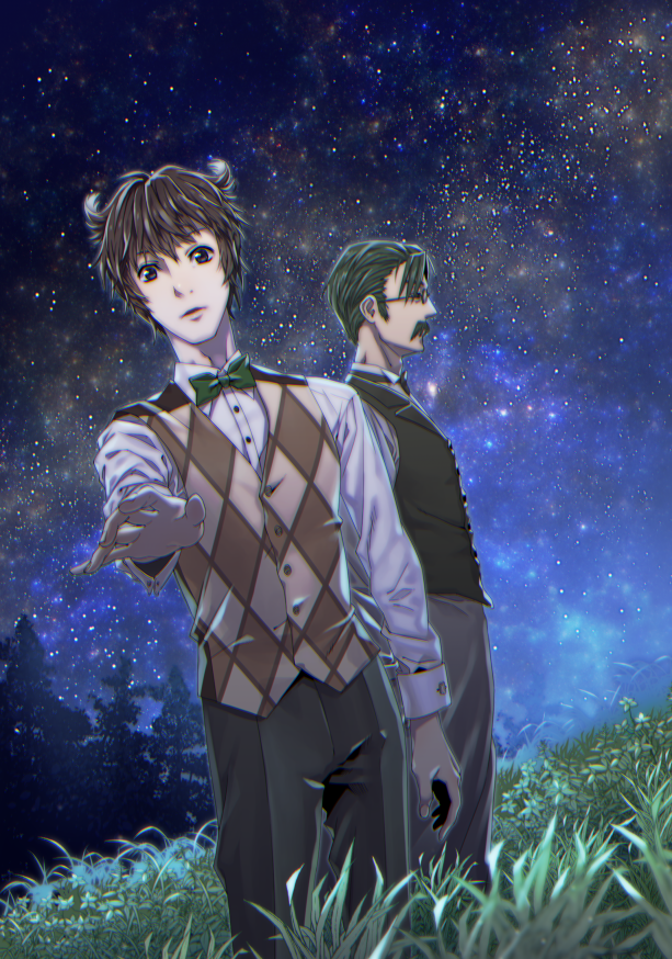 2boys animal_crossing argyle_clothes argyle_vest black_neckwear black_pants black_vest blathers_(animal_crossing) bow bowtie brewster_(animal_crossing) brown_eyes brown_hair brown_pants brown_vest chromatic_aberration collared_shirt dutch_angle facial_hair formal_clothes from_side glasses grass green_hair green_neckwear humanization long_sleeves looking_at_viewer male_focus matching_hair/eyes multiple_boys mustache night night_sky nintendo open_mouth outdoors outstretched_arm pants profile reaching reaching_towards_viewer shirt short_hair sky standing star_(sky) starry_sky tree tsutsuji_(hello_x_2) vest white_shirt
