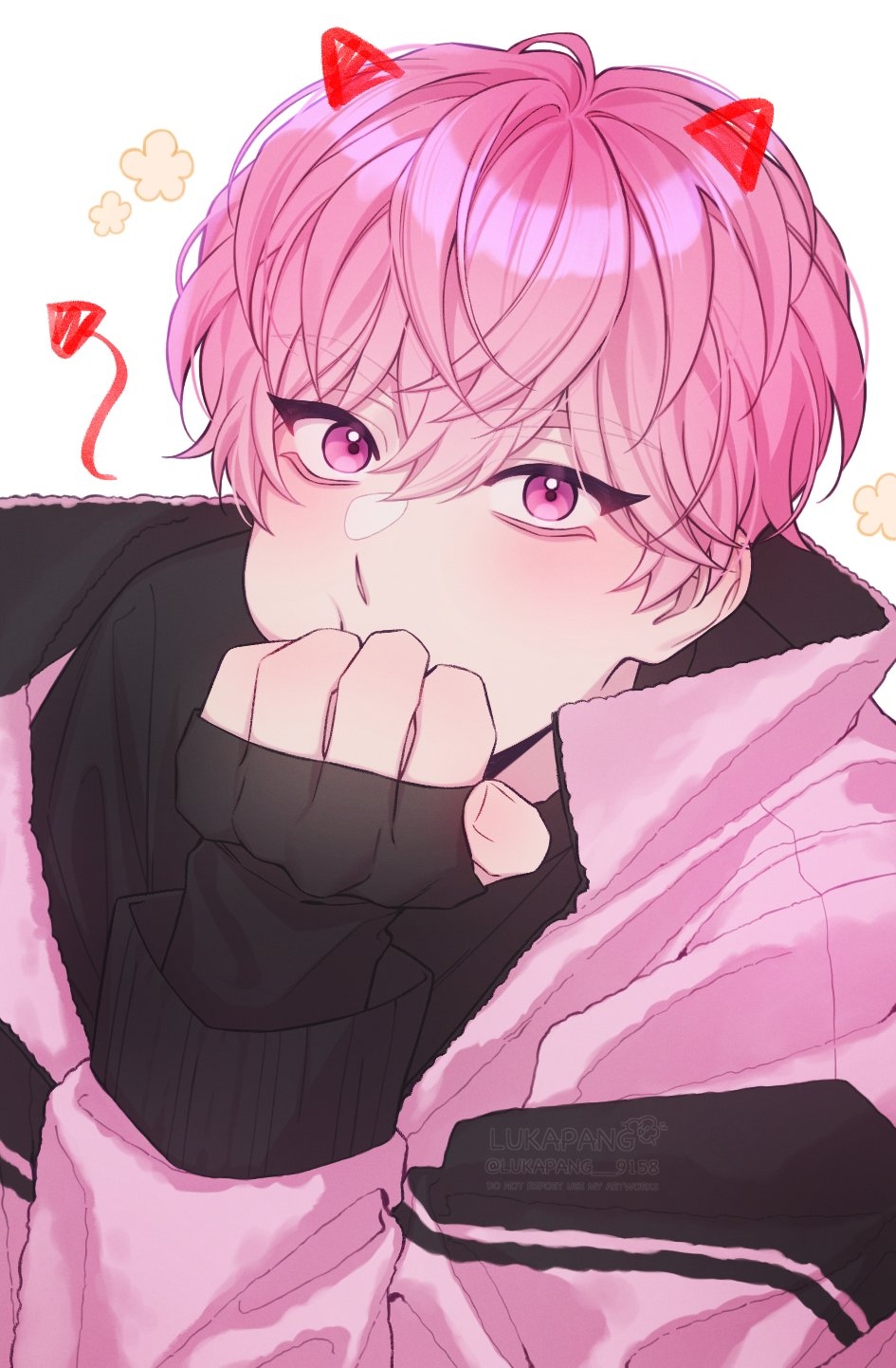 1boy bamby_(plave) covering_own_mouth drawn_horns hair_between_eyes hand_over_own_mouth highres horns jacket k-pop long_sleeves looking_at_viewer lukapang male_focus pink_eyes pink_hair pink_jacket plave red_horns short_hair simple_background solo upper_body white_background