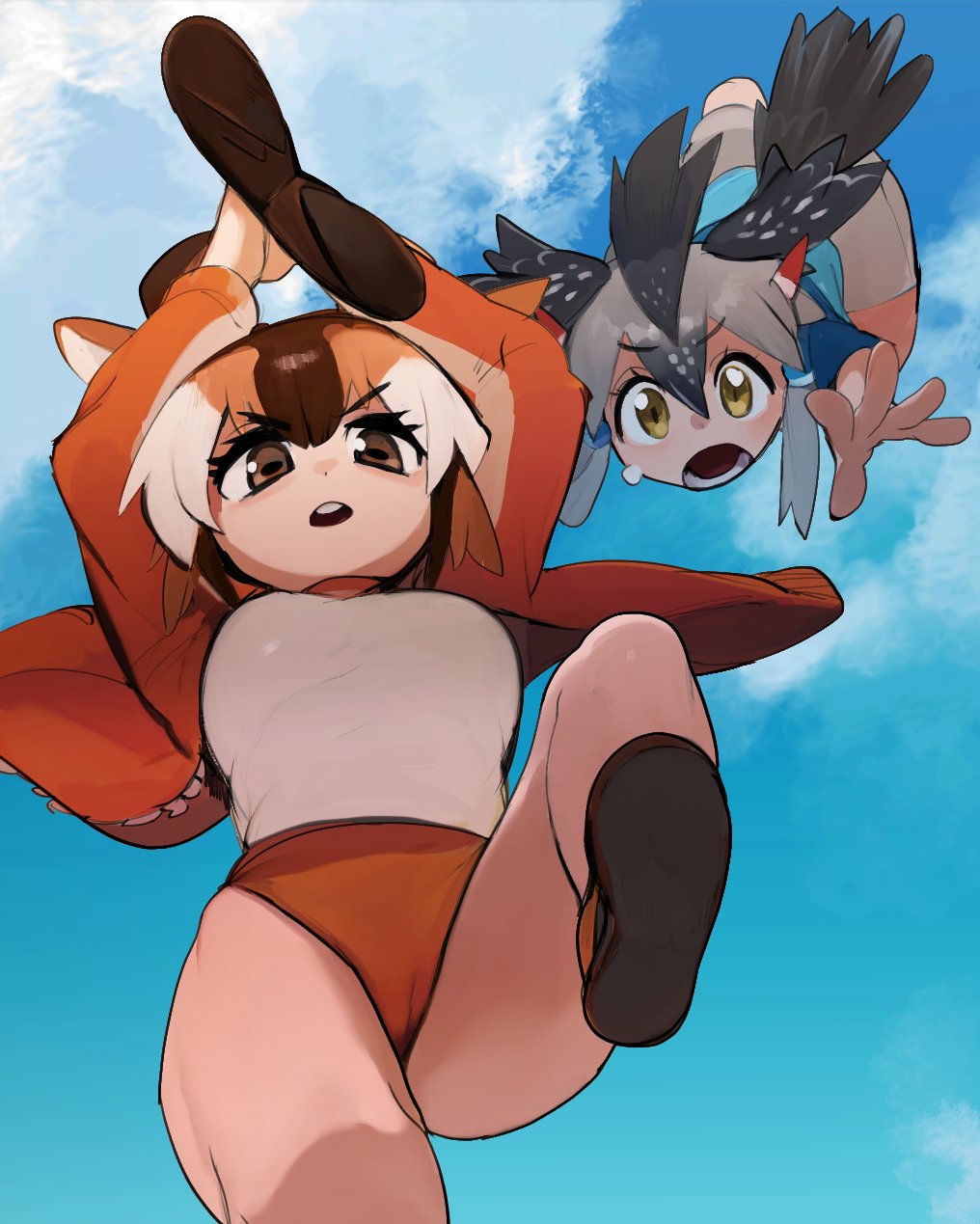 2girls animal_ears bird_tail bird_wings black_hair black_tail black_wings blue_sky brown_eyes brown_hair brown_horns buruma cameltoe cloud day feather_hair_ornament feathered_wings feathers greater_roadrunner_(kemono_friends) grey_hair hair_ornament hair_tubes head_wings highres horizontal_pupils horns jacket jpeg_artifacts kemono_friends kemono_friends_2 leg_up long_sleeves lower_teeth_only multicolored_hair multiple_girls open_mouth orange_buruma orange_hair orange_jacket outdoors pronghorn_(kemono_friends) raichiyo shirt short_hair sky tail teeth track_jacket unzipped upper_teeth_only v-shaped_eyebrows white_hair white_shirt wings yellow_eyes zipper