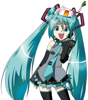1girl :d arm_at_side bad_source bare_shoulders black_skirt black_sleeves black_thighhighs blue_eyes blue_hair blue_necktie blue_trim collared_shirt commentary_request detached_sleeves grey_shirt hachune_miku hair_between_eyes hand_on_headset hand_up hatsune_miku headset long_hair long_sleeves lowres maso_(ascii_art) miniskirt necktie open_mouth pleated_skirt shirt simple_background skirt smile spring_onion teeth thighhighs tie_clip twintails upper_teeth_only very_long_hair vocaloid white_background zettai_ryouiki