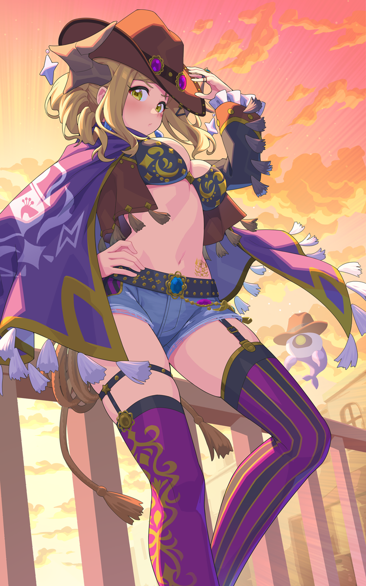 1girl against_railing asymmetrical_legwear belt blonde_hair bra breasts cape cleavage cowboy_hat cowboy_western denim denim_shorts feet_out_of_frame genjitsu_no_yohane hand_on_headwear hand_on_own_hip hat highres horns looking_at_viewer looking_to_the_side love_live! love_live!_school_idol_festival_all_stars love_live!_sunshine!! mari_(genjitsu_no_yohane) midriff mismatched_legwear navel official_alternate_costume ohara_mari ohara_mari_(twilight_cowgirl) orange_clouds orange_sky pellapie print_cape purple_thighhighs railing self_cosplay shorts sky solo stomach_tattoo tassel tattoo thigh_strap thighhighs underwear waste-man whip yellow_eyes