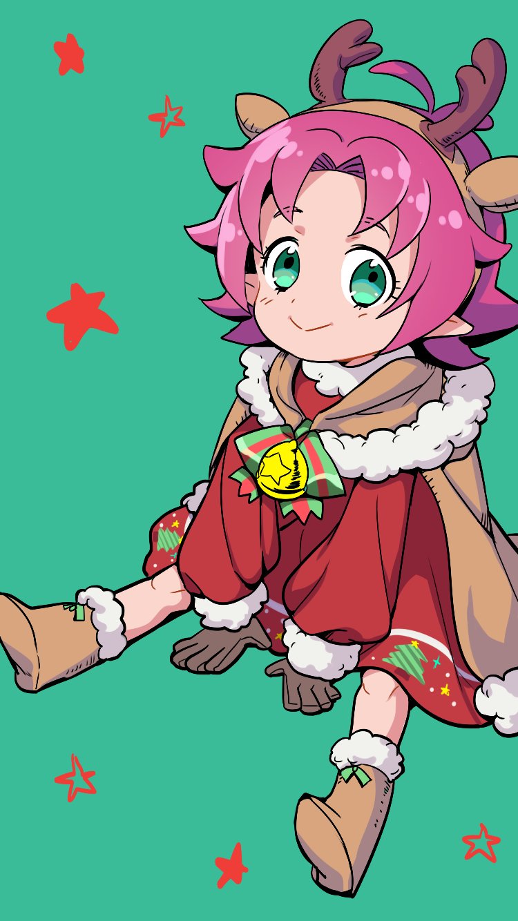 1girl antlers bell boots brown_gloves cape closed_mouth dress fae_(fire_emblem) fae_(winter)_(fire_emblem) female_focus fire_emblem fire_emblem:_the_binding_blade fire_emblem_heroes full_body fur_trim gloves green_background green_eyes highres horns long_sleeves nichihamueasler nintendo pointy_ears purple_hair reindeer_antlers short_hair simple_background sitting smile solo