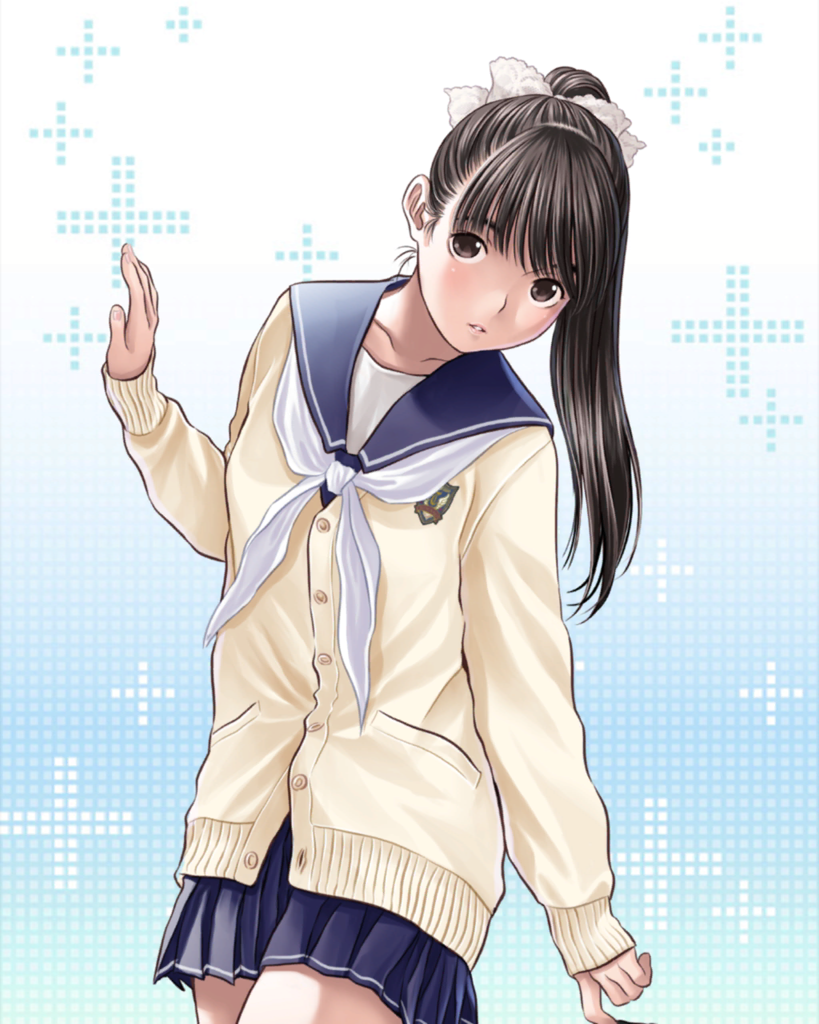 1girl aqua_background black_hair blue_sailor_collar blue_skirt blush brown_eyes cardigan collarbone cowboy_shot gradient_background hair_ribbon hand_up head_tilt highres long_hair long_sleeves looking_at_viewer love_plus multiple_girls neckerchief official_art parted_lips pink_lips pleated_skirt plus_sign ponytail ribbon sailor_collar school_uniform serafuku skirt solo takane_manaka upturned_eyes white_neckerchief winter_uniform yellow_cardigan