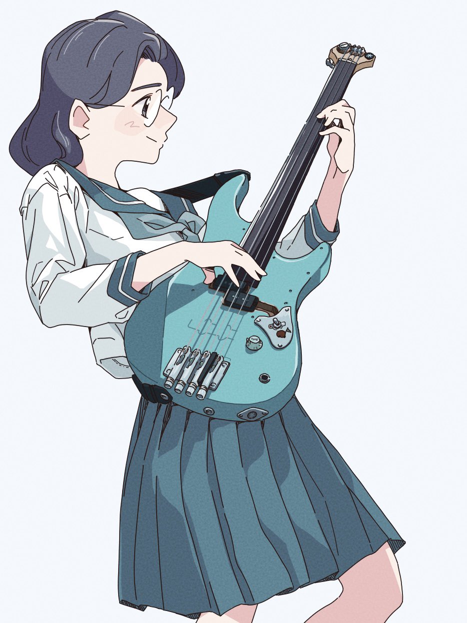 1girl bass_guitar black_eyes black_hair blue_neckerchief blue_sailor_collar blue_skirt blush closed_mouth commentary_request feet_out_of_frame fretless_bass_guitar glasses guitar_strap headless_guitar highres instrument long_sleeves music neckerchief original playing_bass_guitar playing_instrument pleated_skirt round_eyewear sailor_collar sailor_shirt school_uniform shirt short_hair simple_background skirt smile solo tariki_fretless white_shirt