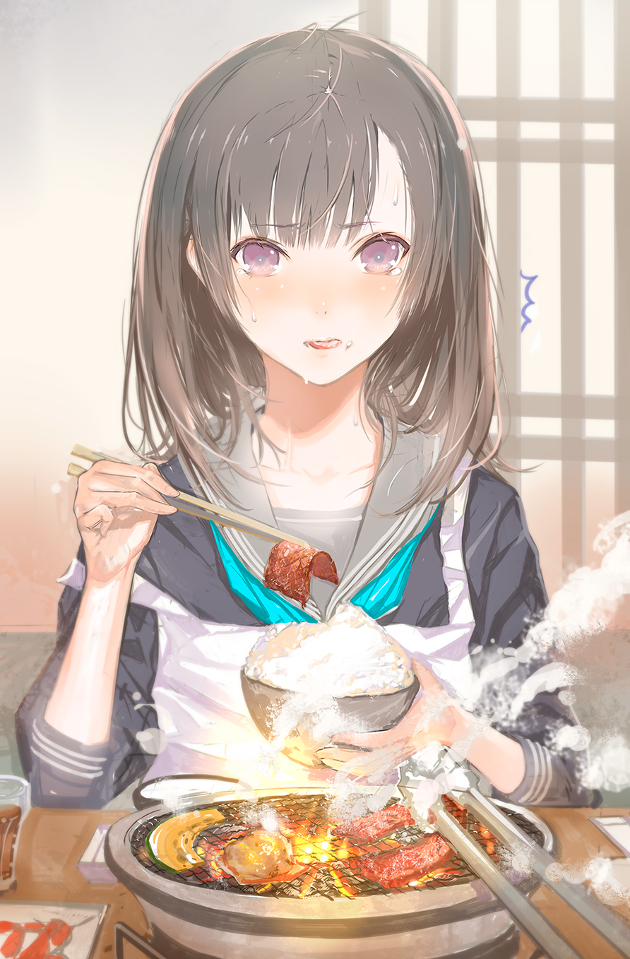 1girl ^^^ aqua_neckerchief brown_hair cooking cup drinking_glass eating female_focus food food_on_face fuyuno_haruaki grill grilling highres meat messy_hair neckerchief original restaurant rice school_uniform serafuku smoke solo