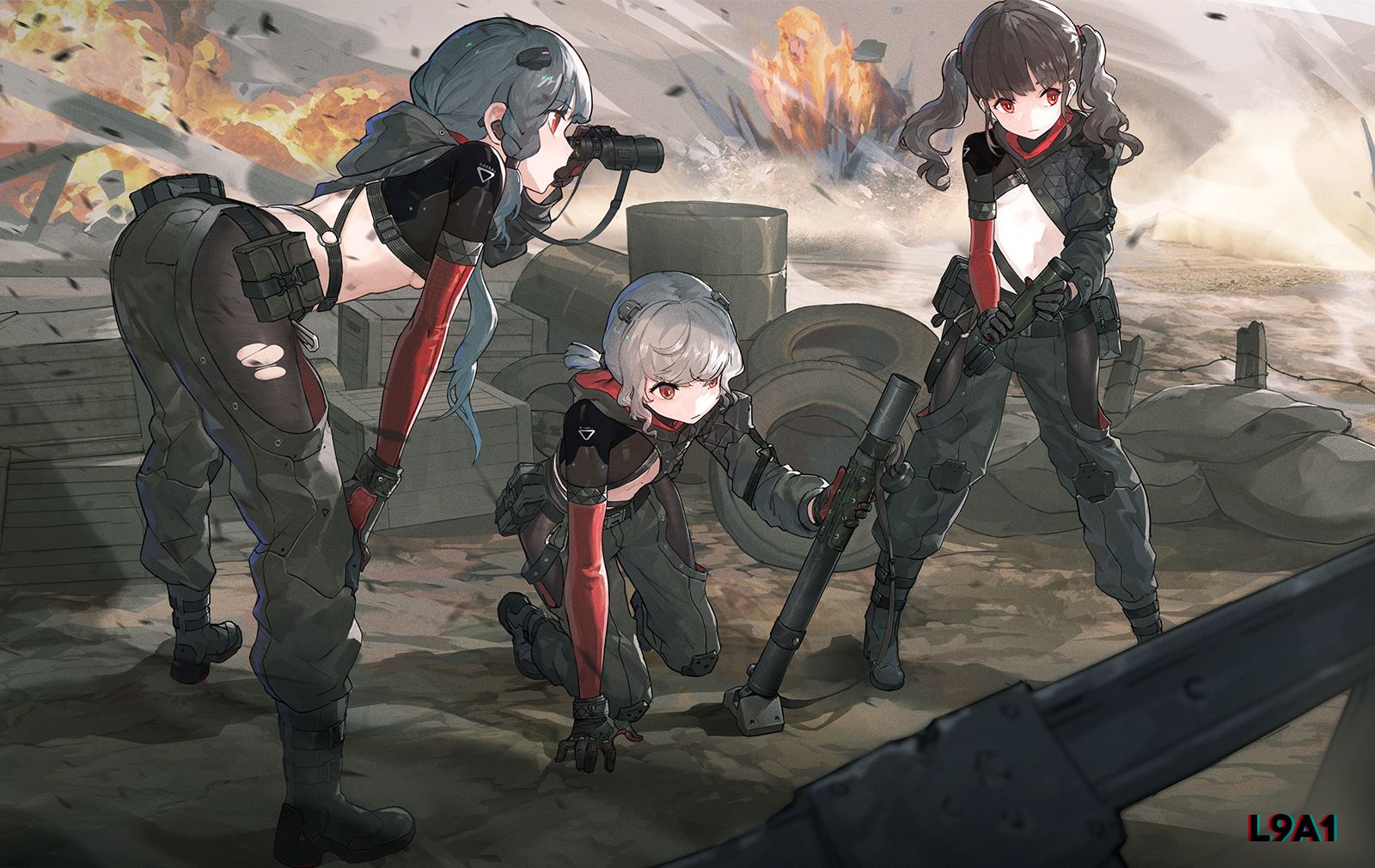 3girls ammunition ass asymmetrical_sleeves barbed_wire bending black_boots black_gloves black_hair bomb boots character_name clothing_cutout commentary drum_(container) english_commentary explosion explosive fence girls'_frontline gloves grey_hair head_ornament highres holding holding_bomb l9a1_(girls'_frontline) l9a1_51_mm_light_mortar long_hair mortar_(weapon) mortar_shell multicolored_hair multiple_girls navel_cutout official_art pantyhose red_eyes red_sleeves sandbag torn_clothes torn_pantyhose twintails unused_tire wooden_box