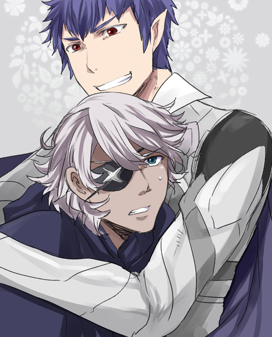 2boys blue_eyes male_corrin_(fire_emblem) eyepatch fire_emblem fire_emblem_fates grey_hair hug jinnai_yuuichi male_focus multiple_boys niles_(fire_emblem) nintendo pointy_ears red_eyes smile upper_body yaoi