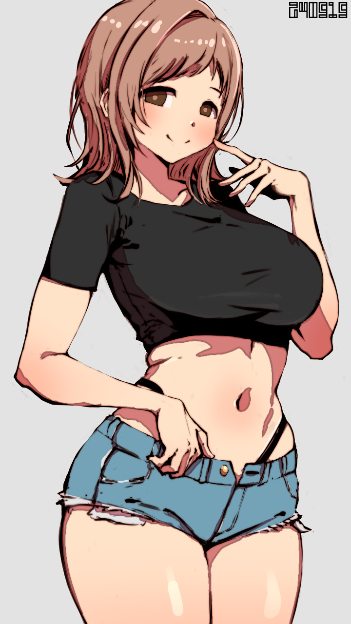 1girl alternate_costume black_panties black_shirt blush breasts brown_hair commentary_request cropped_shirt curvy dated denim denim_shorts highleg highleg_panties highres idolmaster idolmaster_shiny_colors koitusmile large_breasts looking_at_viewer navel panties sakuragi_mano shirt short_shorts shorts simple_background smile solo stomach thighs underwear