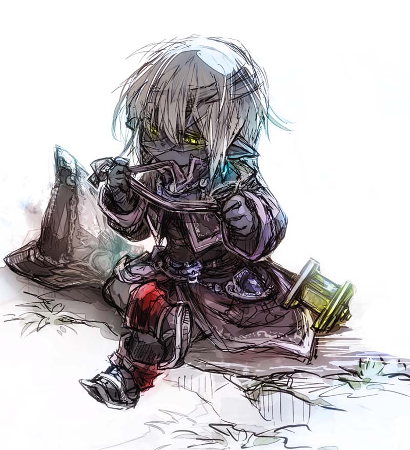 00s 1boy bandages final_fantasy final_fantasy_xi fujiwara_akina full_body male_focus pointy_ears robel-akbel short_hair simple_background solo tarutaru white_background white_hair yellow_eyes