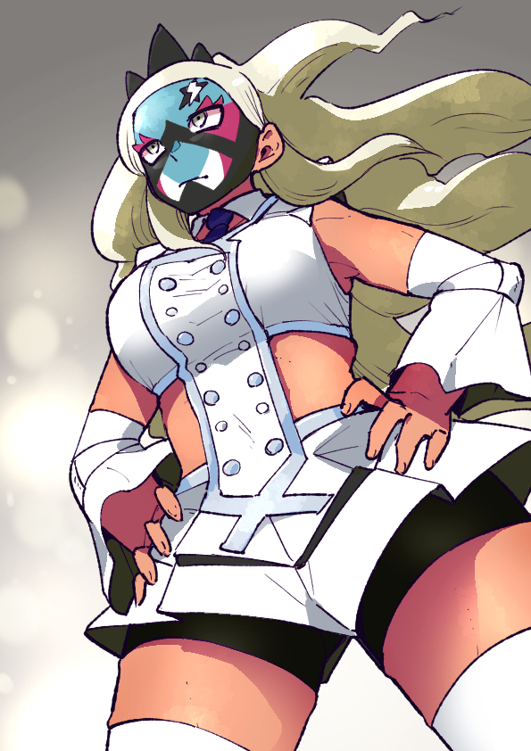 1girl bike_shorts bike_shorts_under_shorts blonde_hair breasts buttons closed_mouth commentary_request detached_collar detached_sleeves eri_(pokemon) facepaint floating_hair from_below frown gomomo00 grey_eyes hands_on_own_hips legs_apart long_hair necktie nintendo pokemon pokemon_sv shorts solo team_star thighhighs white_shorts white_thighhighs