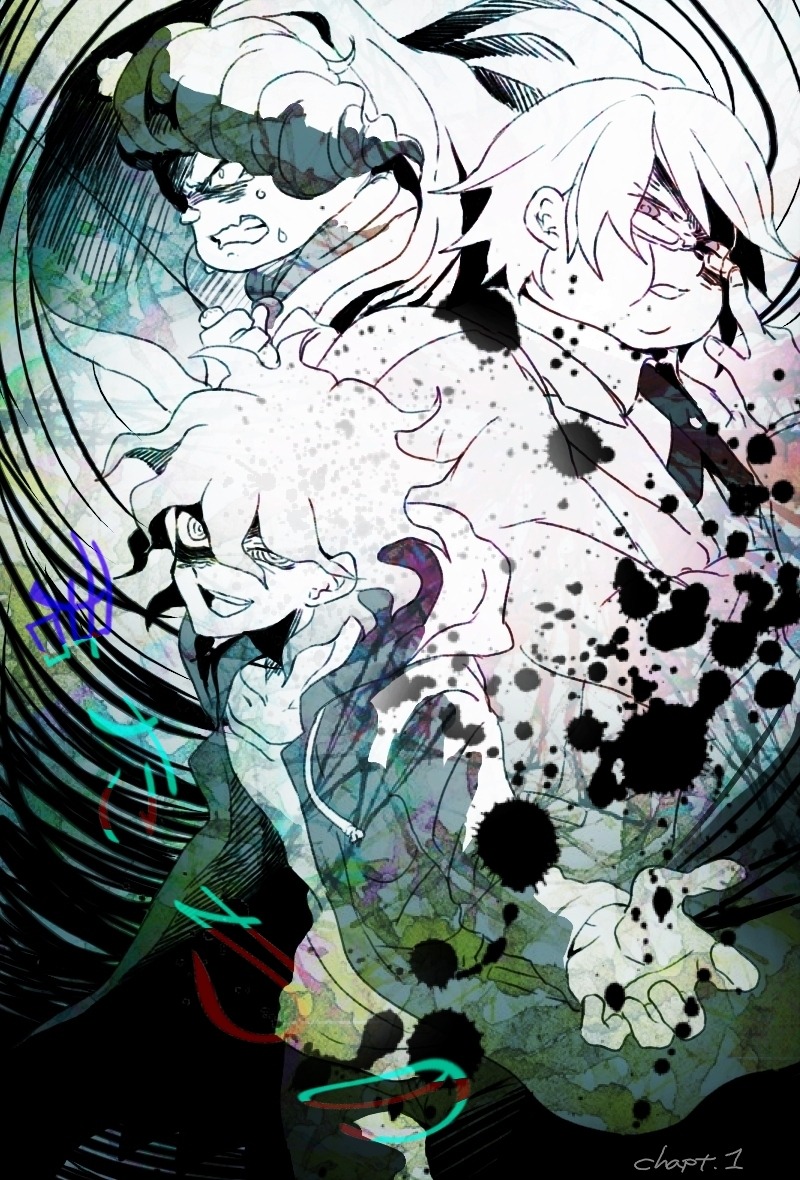 3boys adjusting_eyewear crazy_eyes danganronpa_(series) danganronpa_2:_goodbye_despair glasses hanamura_teruteru hand_on_eyewear hood hood_down hooded_jacket jacket komaeda_nagito messy_hair mitsumame0810 monochrome multiple_boys necktie open_clothes open_jacket open_mouth pants shirt short_hair smile spoilers sweat teeth togami_byakuya_(danganronpa_2) upper_teeth_only