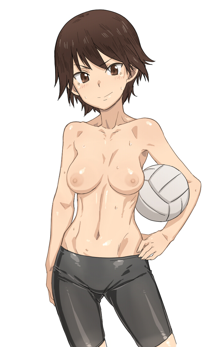 10s 1girl armpits ball bike_shorts black_shorts breasts brown_eyes brown_hair casual_nudity collarbone covered_groin cowboy_shot duplicate eyebrows female_focus girls_und_panzer groin hair_between_eyes hand_on_own_hip holding holding_ball isobe_noriko looking_at_viewer matching_hair/eyes medium_breasts navel nipples non-web_source petite short_hair shorts simple_background skinny solo sweat tenchisouha toned toned_female topless_female volleyball_(object) wakipai white_background