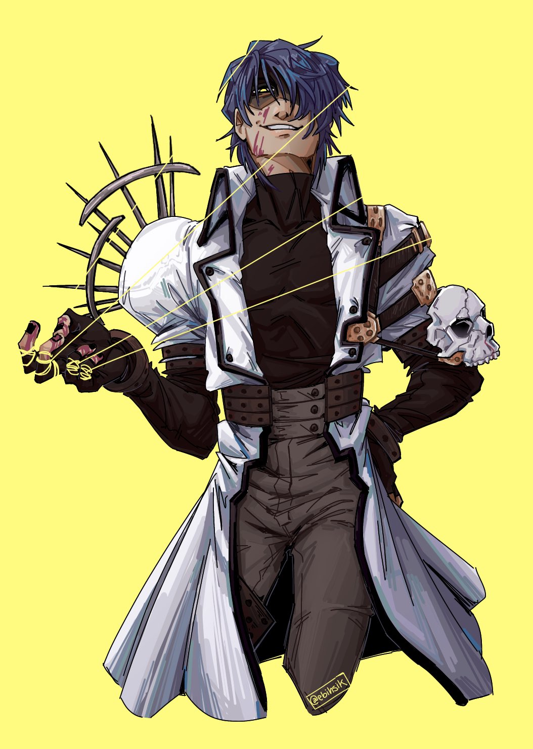 1boy arm_belt artist_name belt black_nails blood blood_on_face blue_hair coat cropped_legs ebihsik fingerless_gloves gloves grey_pants hair_over_one_eye half-closed_eyes hand_on_own_hip head_tilt high_contrast highres legato_bluesummers male_focus messy_hair multiple_belts nail_polish open_clothes open_coat pants puffy_short_sleeves puffy_sleeves short_hair short_sleeves shoulder_spikes signature skull_ornament smirk smug solo spikes standing swept_bangs thread trigun trigun_maximum twitter_username white_coat yellow_background yellow_eyes