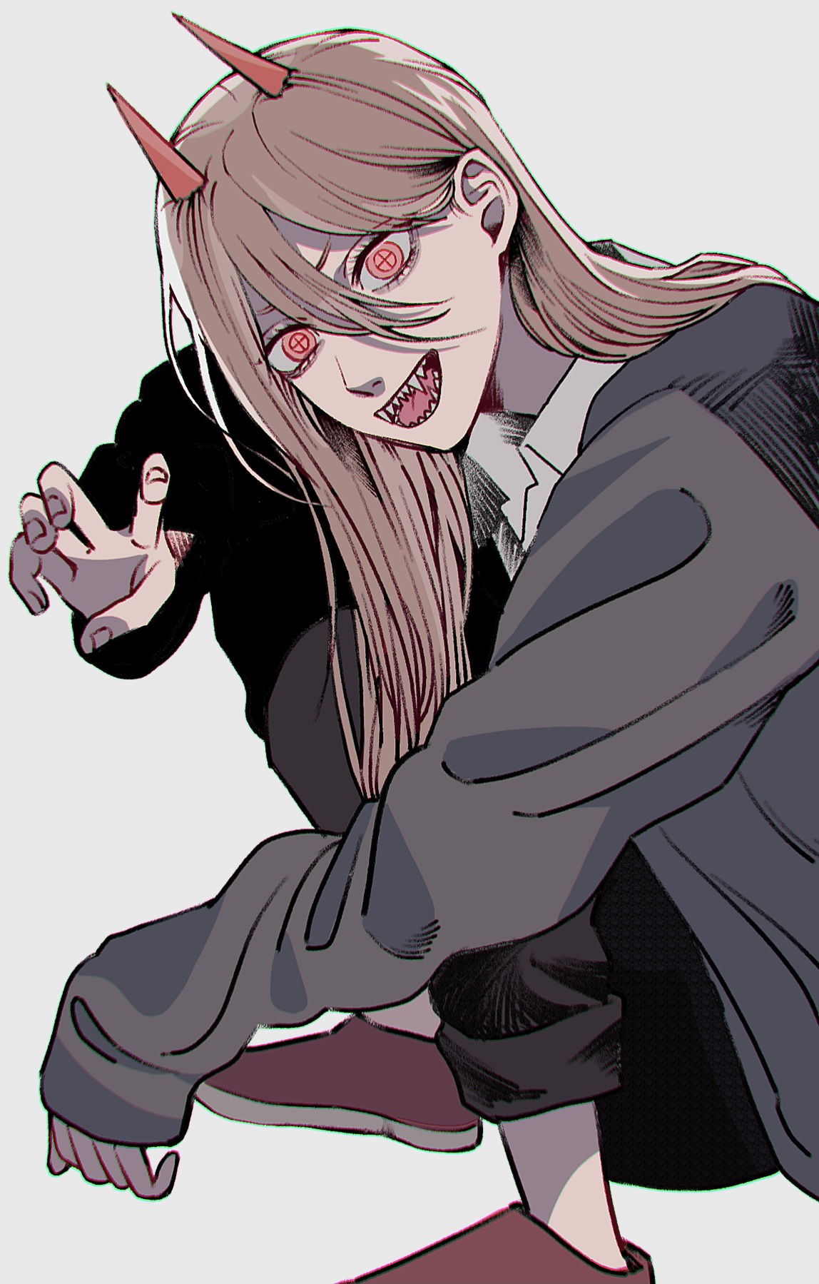 1girl black_pants chainsaw_man commentary_request cross-shaped_pupils fangs grey_hoodie hair_between_eyes highres hood hoodie horns light_brown_hair llq9ull long_sleeves looking_at_viewer open_mouth pants pants_rolled_up pink_eyes power_(chainsaw_man) red_horns sharp_teeth sleeves_past_wrists smile solo squatting symbol-shaped_pupils teeth tongue